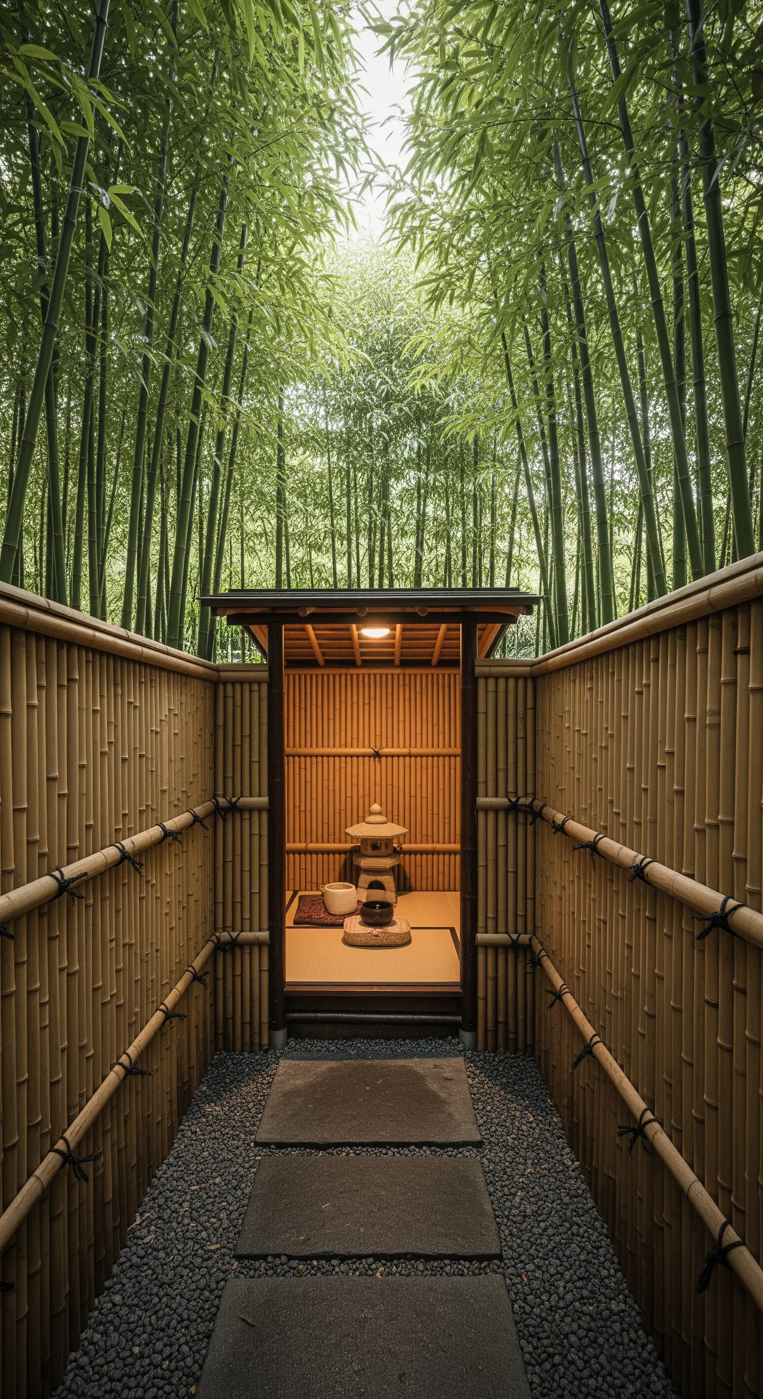 Kleines japanisches Teehaus aus Bambus mit Kiesweg und Steinlaterne