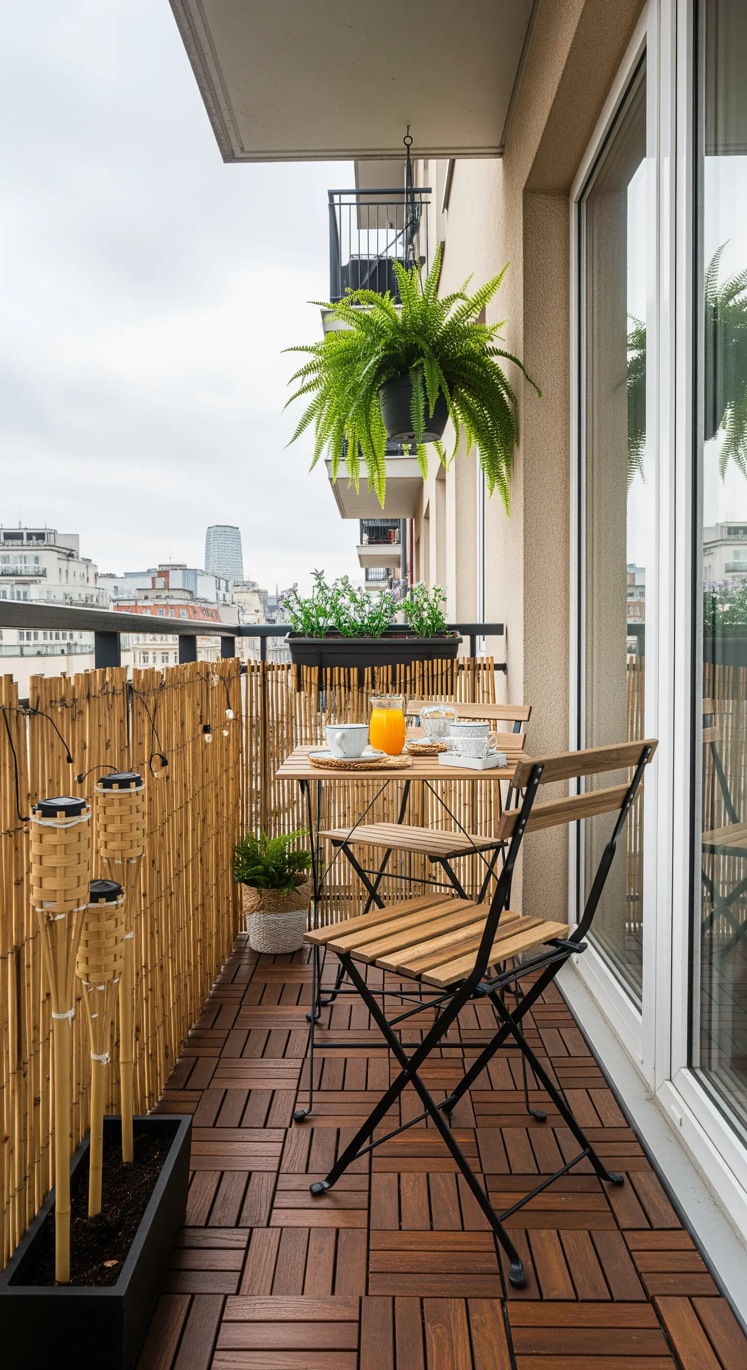 Kleiner Stadtbalkon mit Bambus-Sichtschutz, Lichterketten und Klappmöbeln