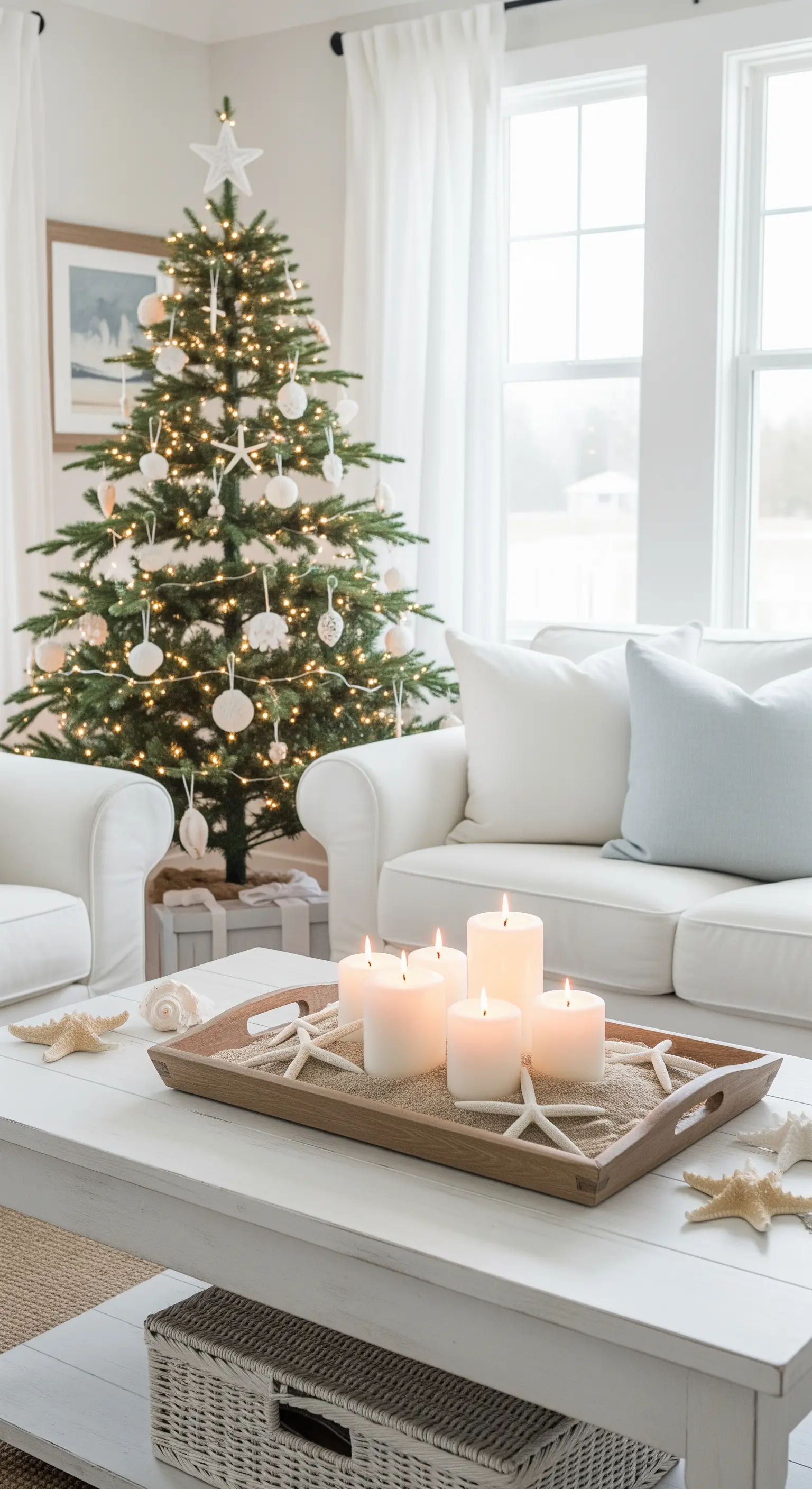 Weißes Wohnzimmer mit einem Tablett voller Sand, Kerzen und Seesternen auf dem Tisch.