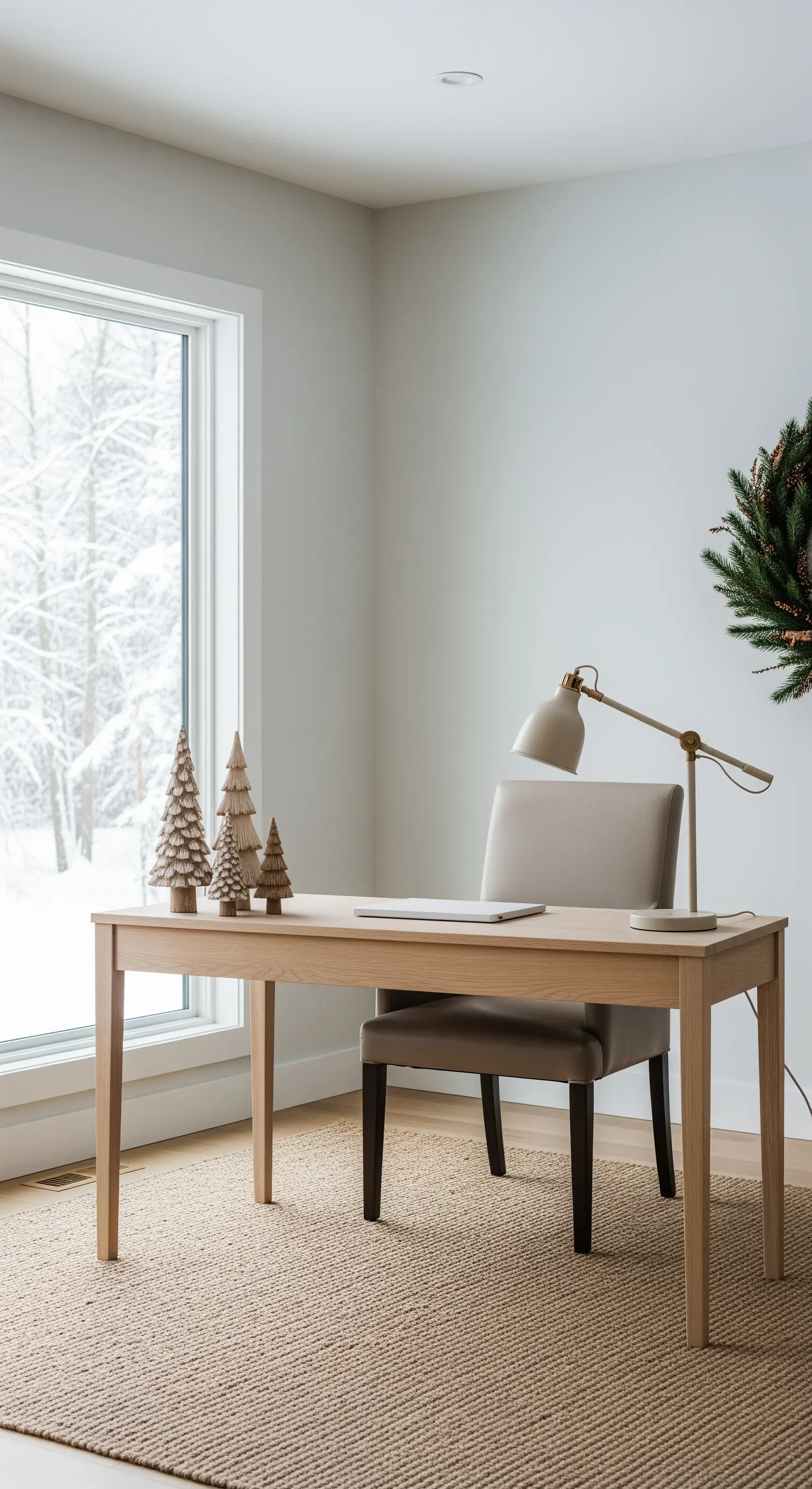 Homeoffice mit Holztisch, Deko-Bäumen und Winteraussicht