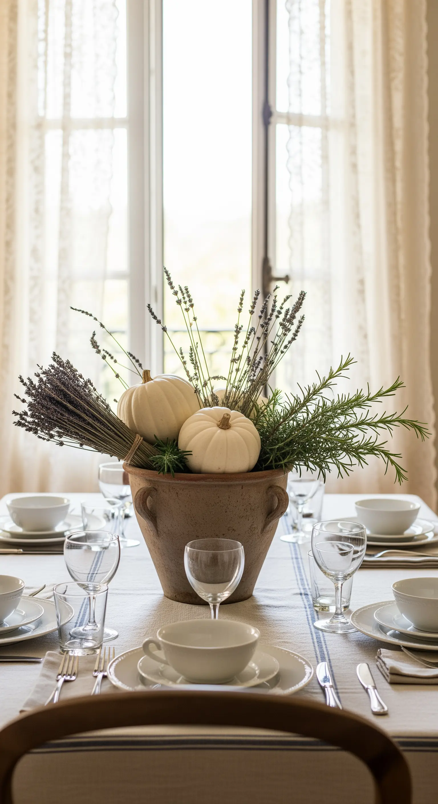 Rustikales Centerpiece mit weißen Kürbissen, Lavendel und Rosmarin in einem Terrakottatopf.