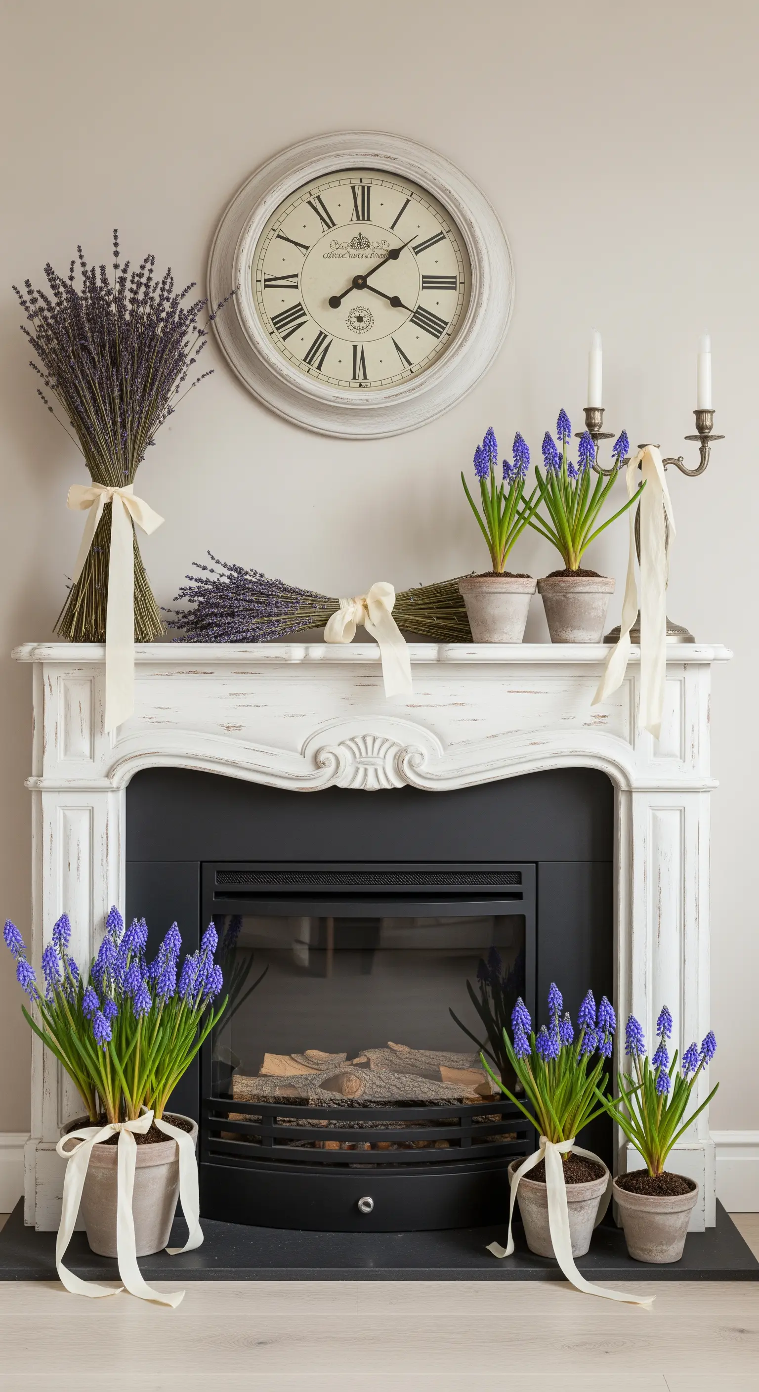 Kamin im Landhausstil mit getrocknetem Lavendel und blauen Traubenhyazinthen.