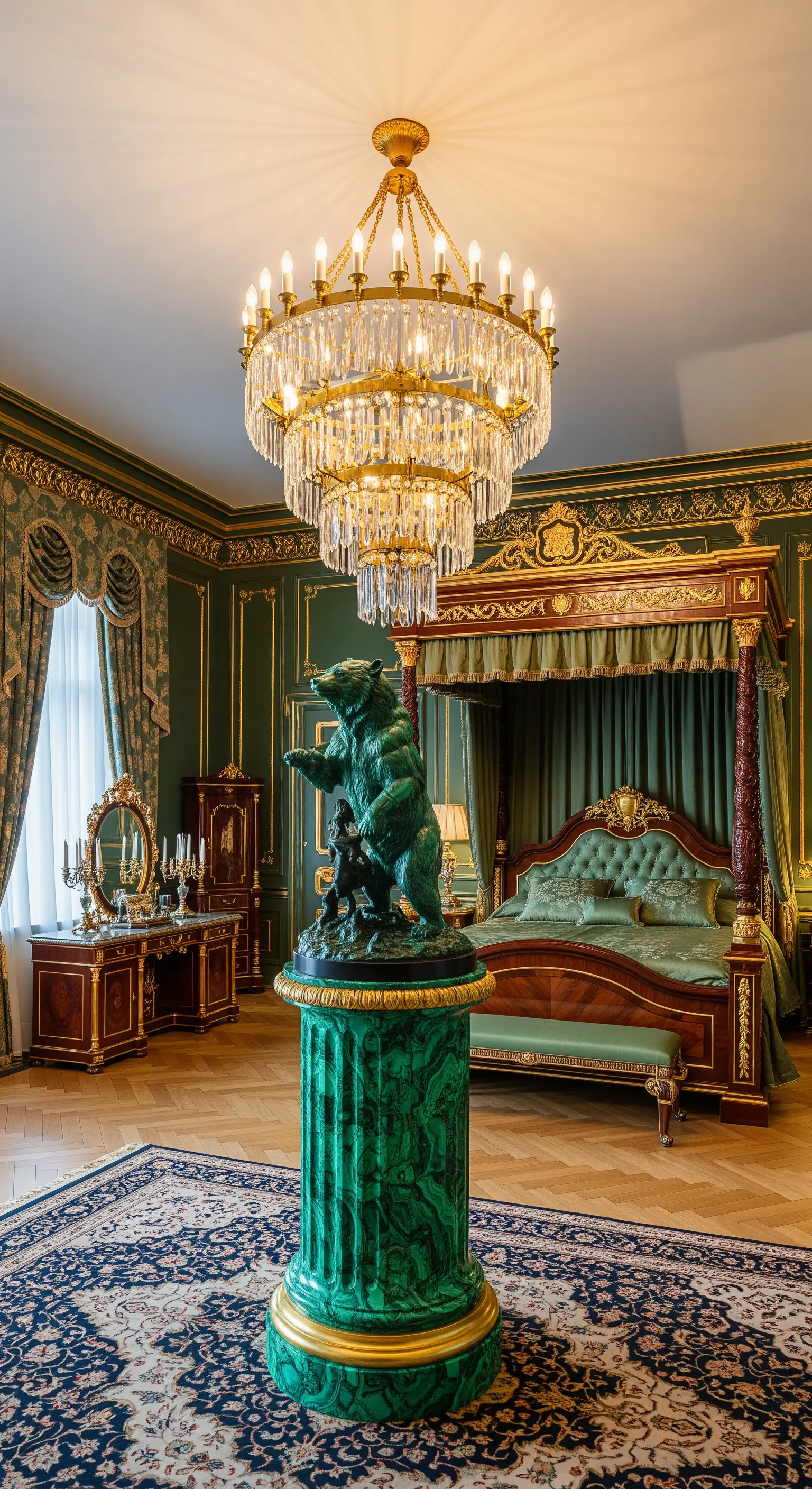 Bronze-Bärenskulptur auf einem grünen Malachit-Sockel in einem opulenten Schloss-Schlafzimmer.