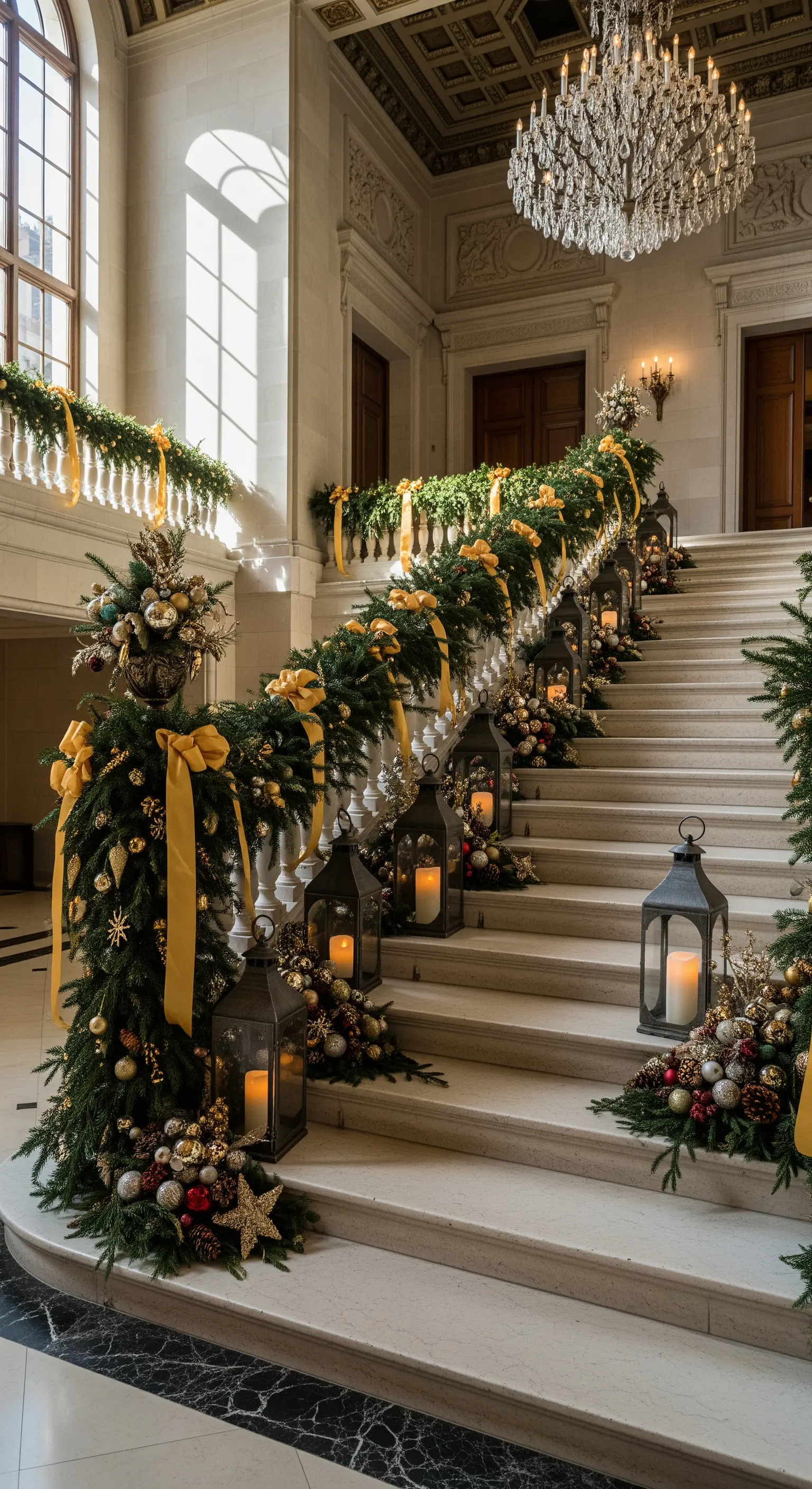 Marmortreppe mit goldener Tannengirlande, Weihnachtskugeln und Laternen.