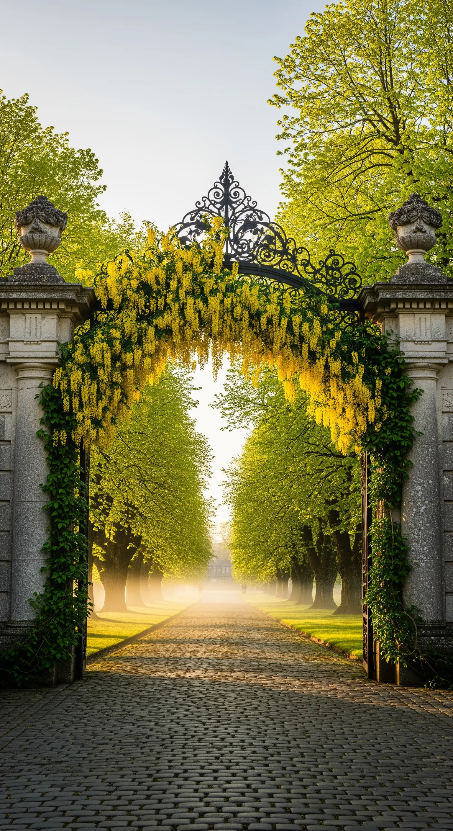 Goldregenbogen, schmiedeeiserner Eingang, herrschaftlicher Garten