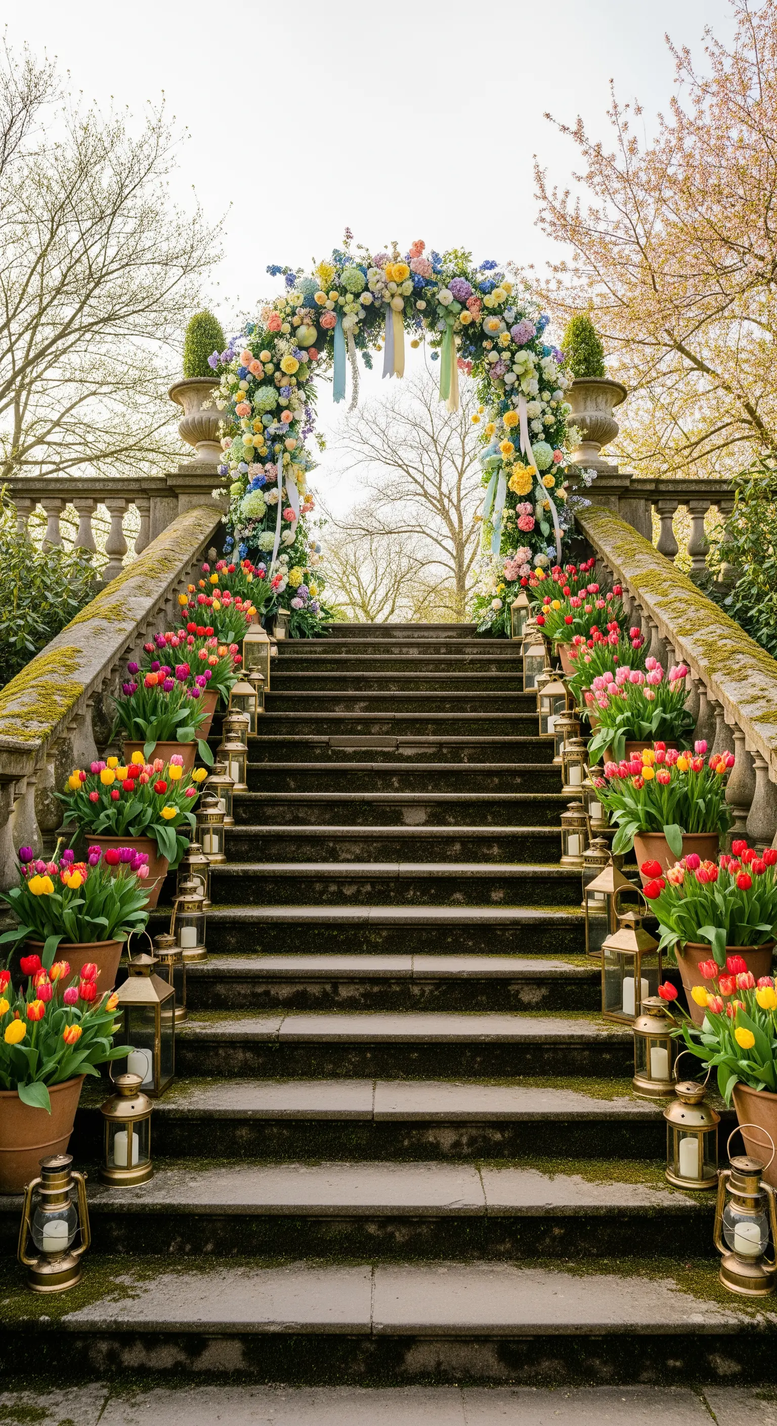 Große Steintreppe mit Blumenbogen, Tulpen in Töpfen und Laternen für Ostern