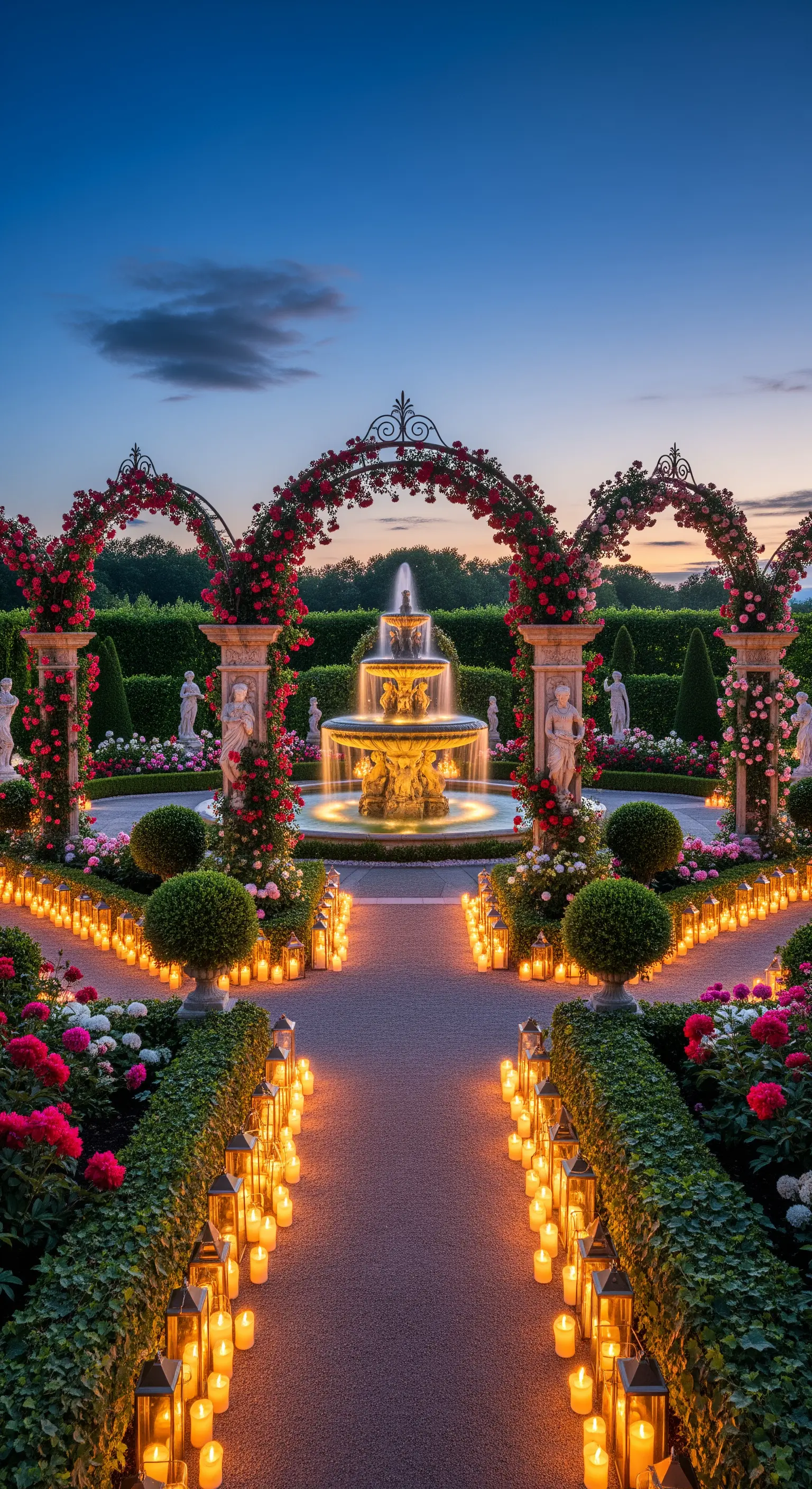 Prunkvoller Garten mit Brunnen, Rosenbögen, roten und rosa Rosen, Laternenallee