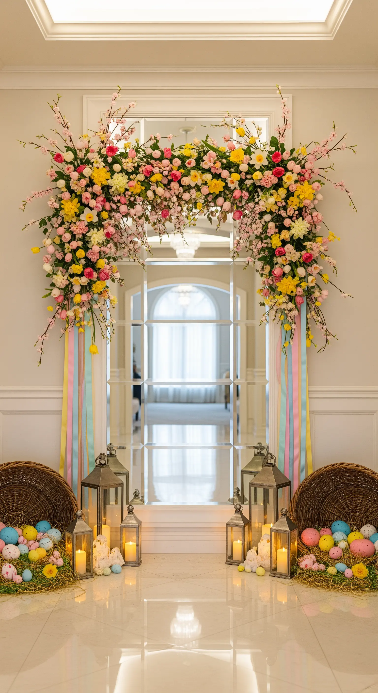 Eingang mit floralem Bogen über Spiegel, Laternen und Körben mit Pastell-Ostereiern.