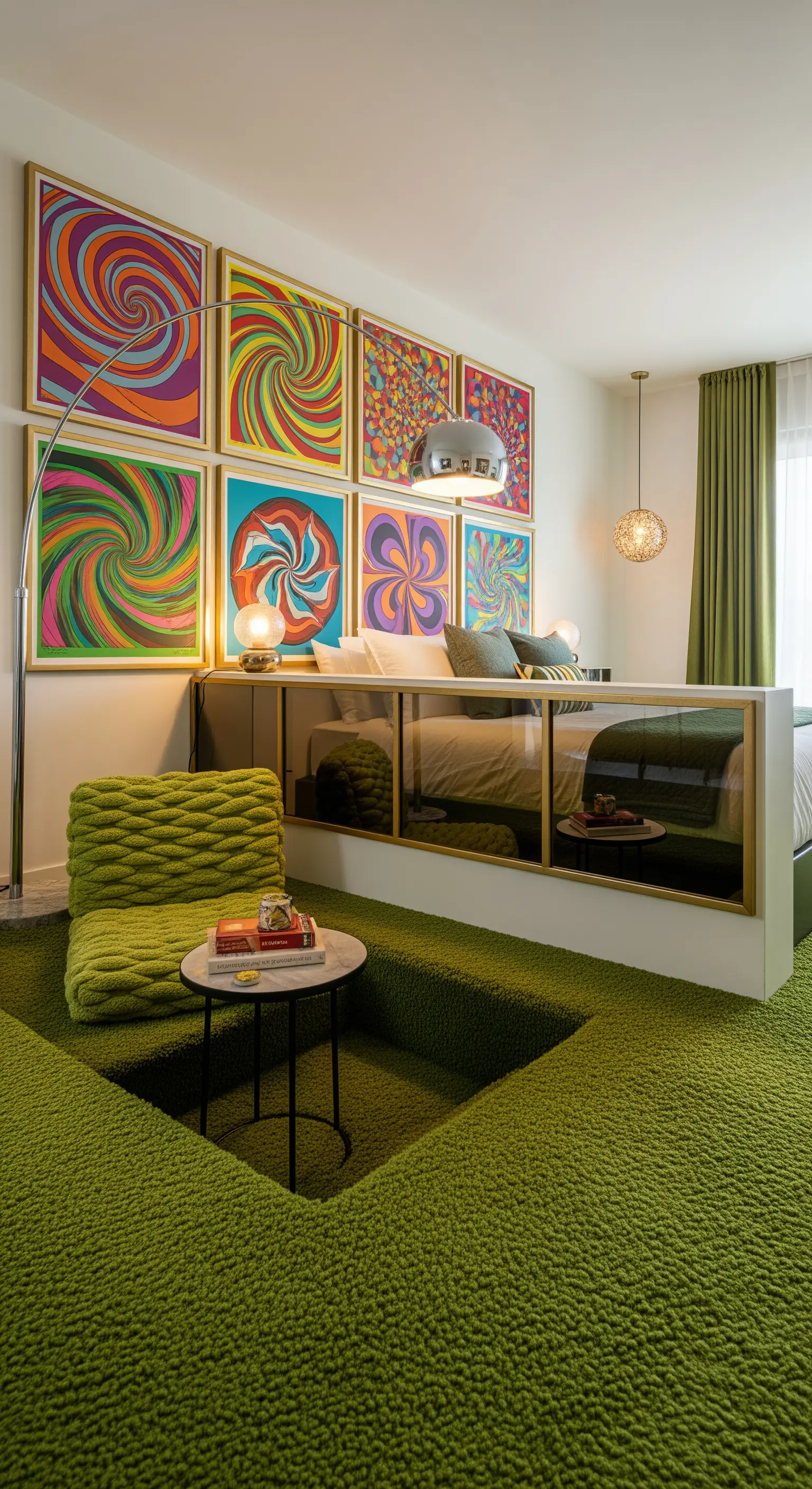 Retro-Schlafzimmer im Stil der 70er mit einer Wand voller psychedelischer Kunst.