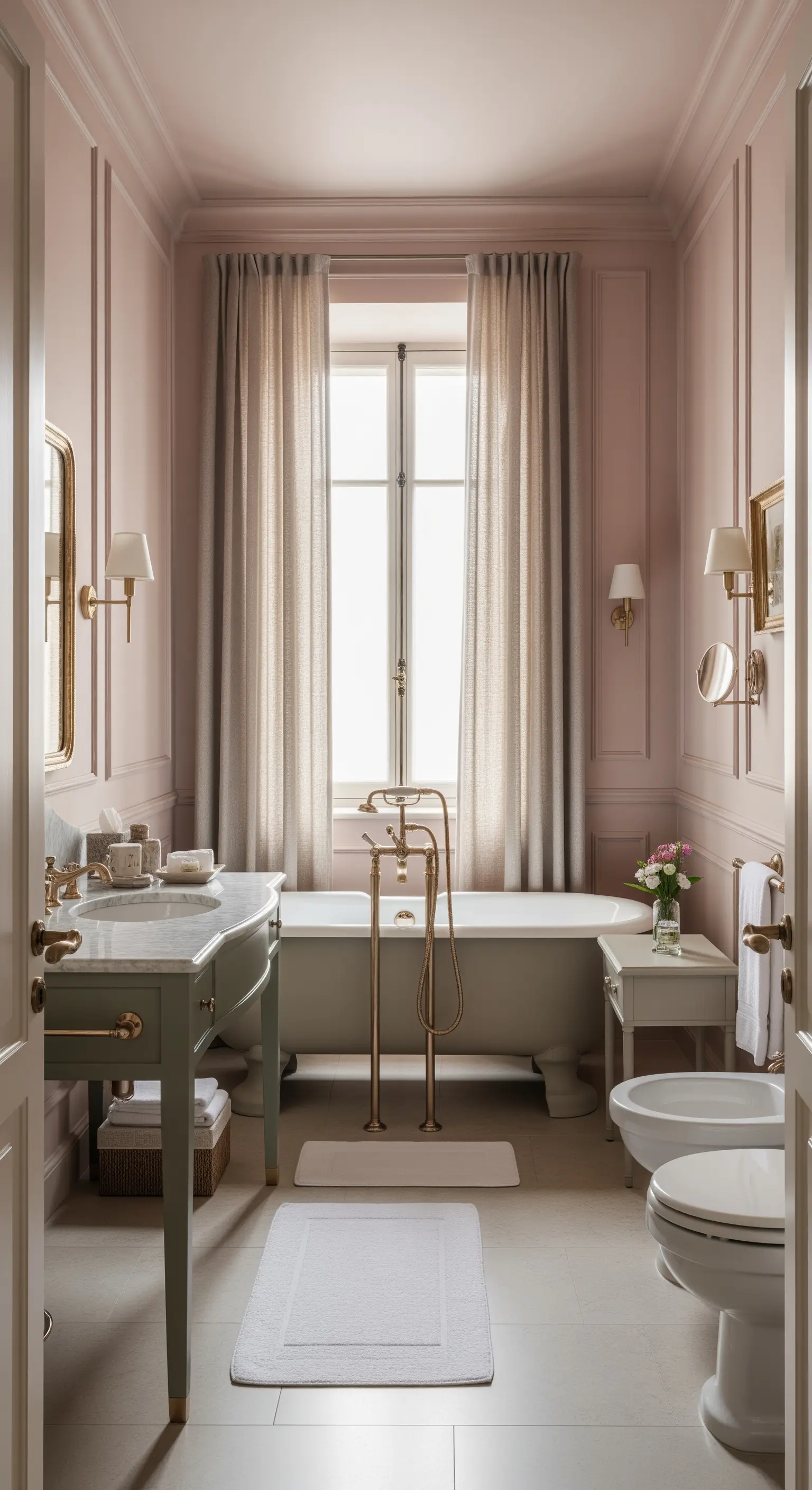 Schmales, elegantes Badezimmer in Pudertönen mit symmetrischer Anordnung und Vorhängen.