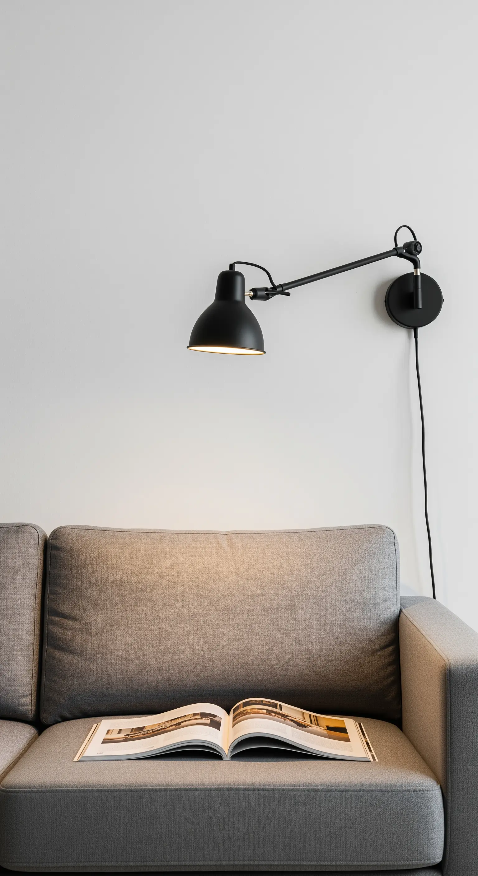 Schwarze, schwenkbare Wandleselampe mit Gelenkarm über einer grauen Couch.