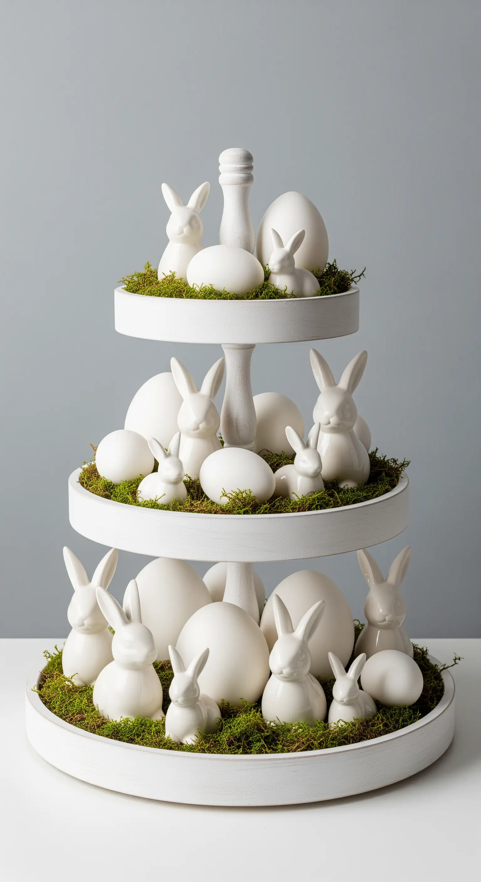 Weiße Etagere mit weißen Porzellanhasen und weißem Moos