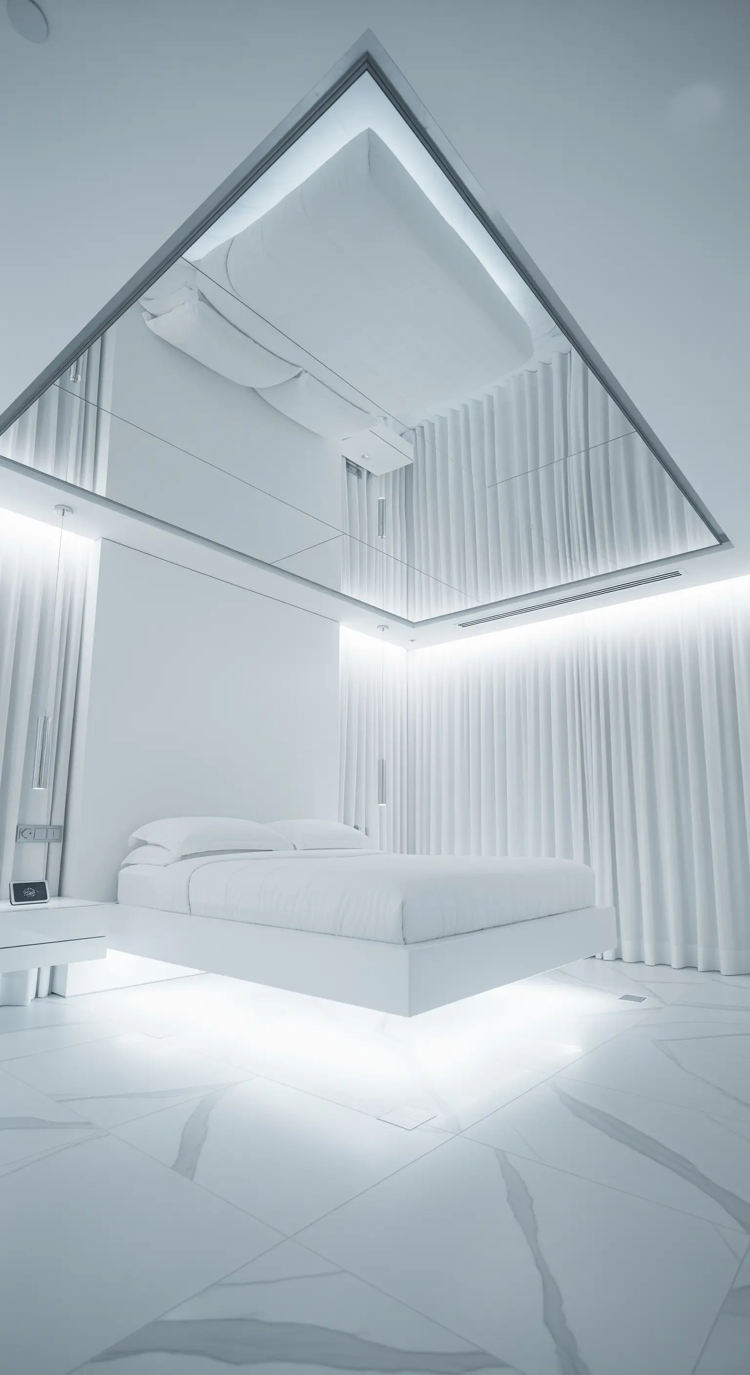 Minimalistisches, komplett weißes Schlafzimmer mit schwebendem Bett und beleuchteter Spiegeldecke.