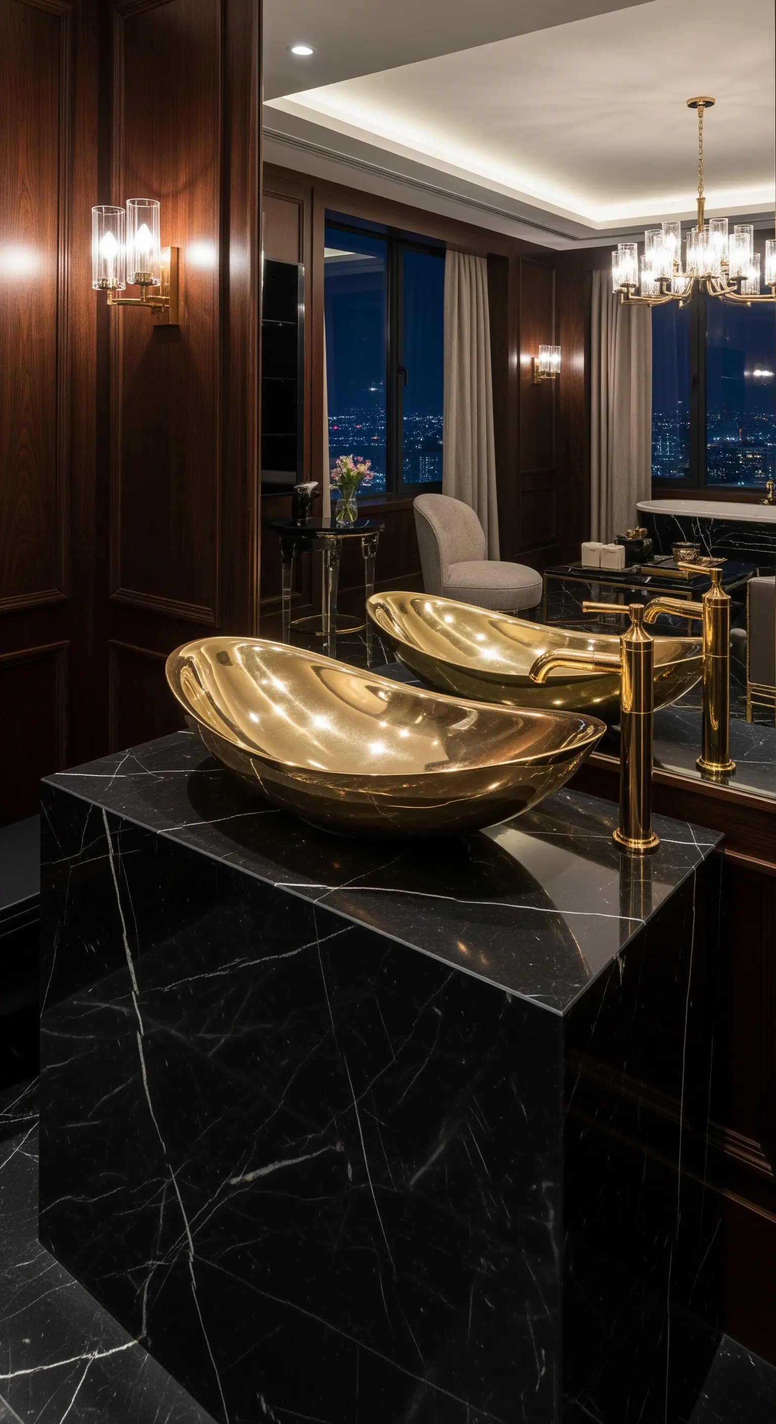 Zwei goldene Aufsatzwaschbecken auf einem Block aus schwarzem Marmor.