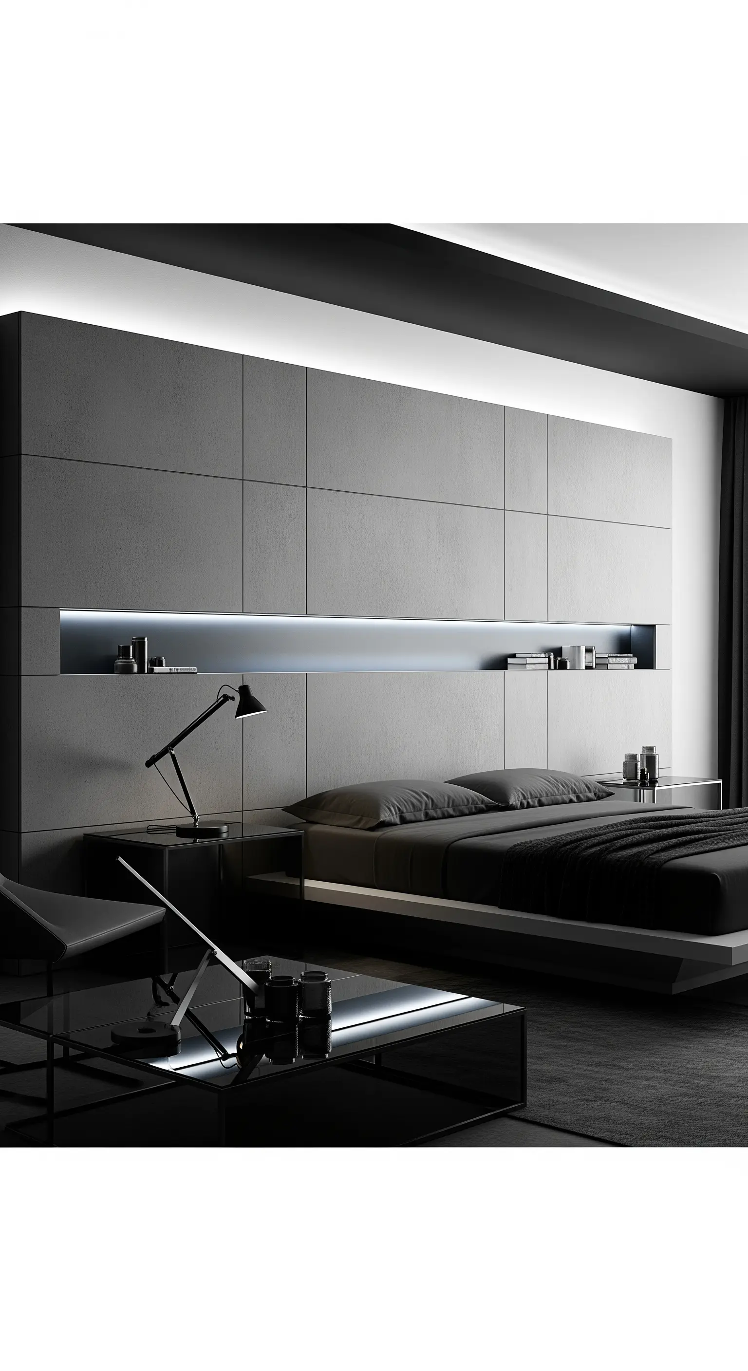 Graue Wandpaneele in Betonoptik mit einer langen, beleuchteten Nische als minimalistisches Kopfteil.