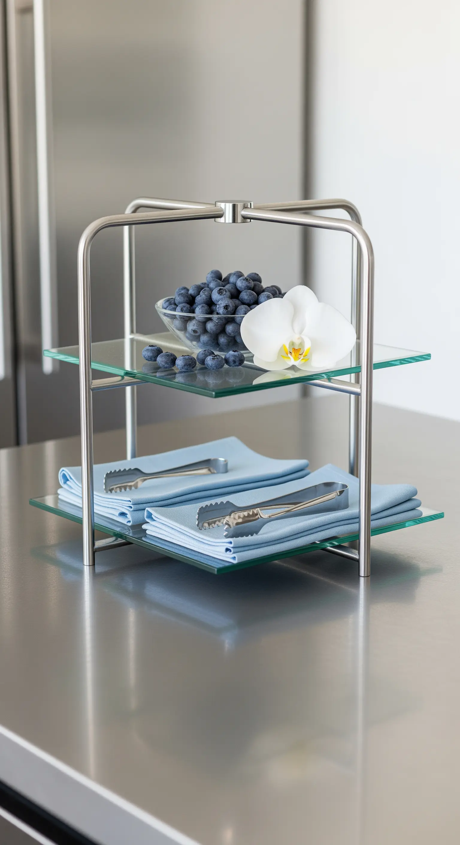 Moderne Etagere aus Edelstahl und Glas mit Blaubeeren, Orchidee und blauen Servietten.