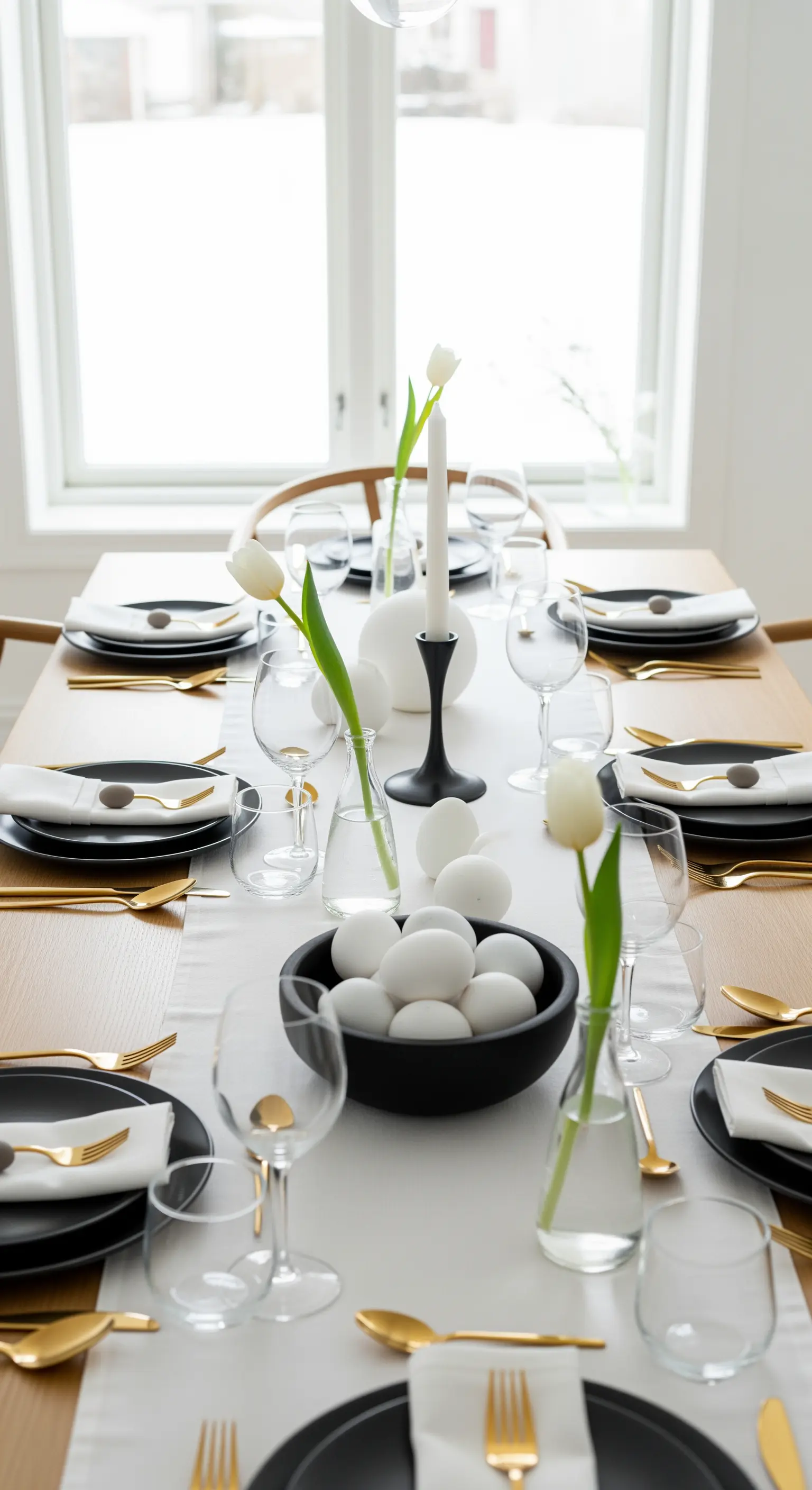 Minimalistische Ostertafel mit schwarzen Tellern, goldenem Besteck und weißen Tulpen.