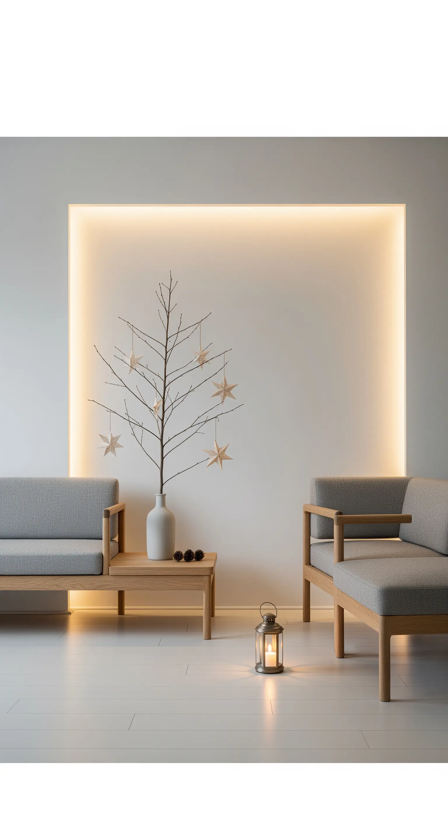 Minimalistische Weihnachtsdeko, beleuchtete Wand, Ast mit Sternen, Laterne