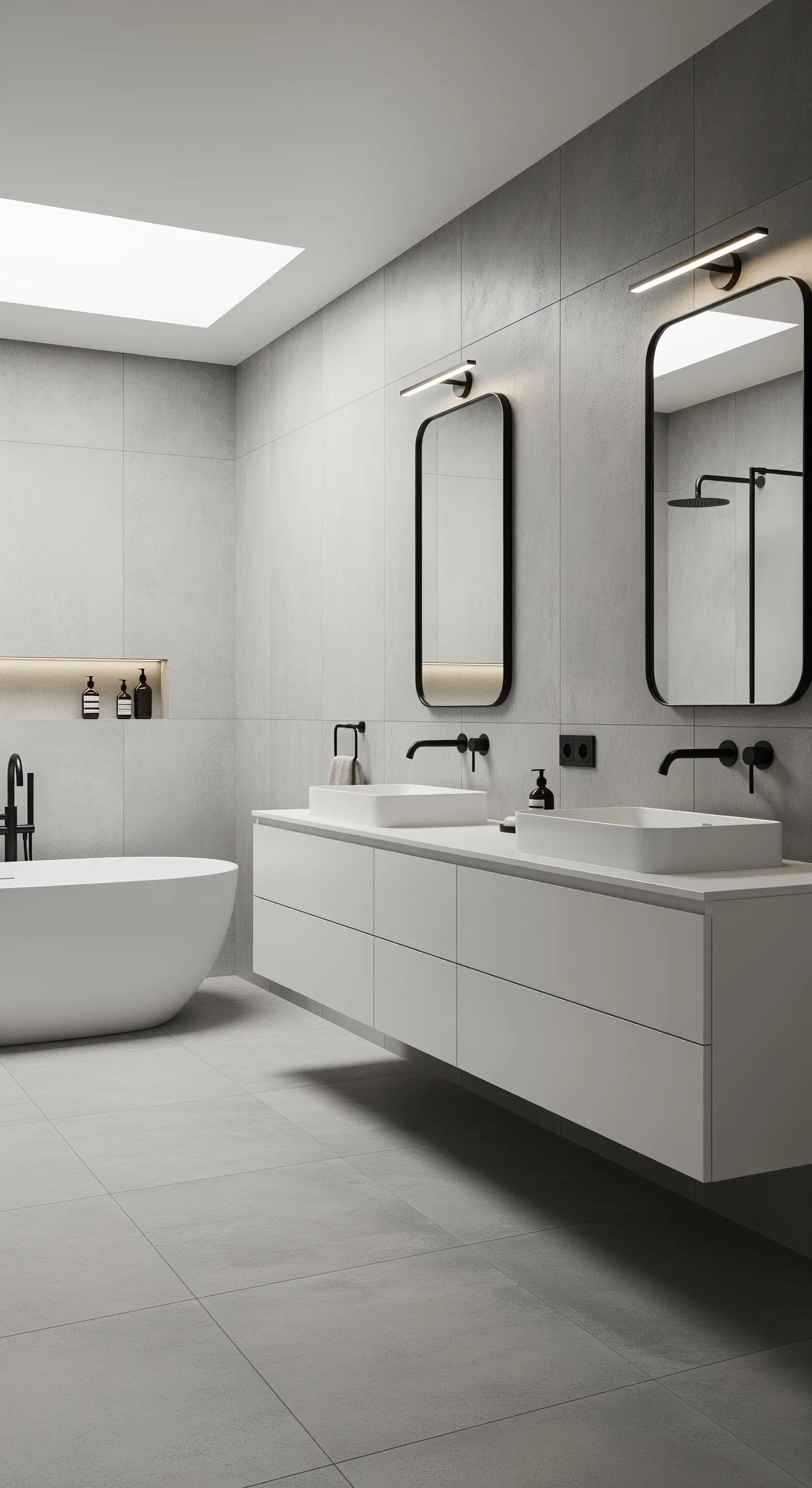 Minimalistisches Badezimmer mit schwebendem Waschtisch und schwarzen Armaturen.