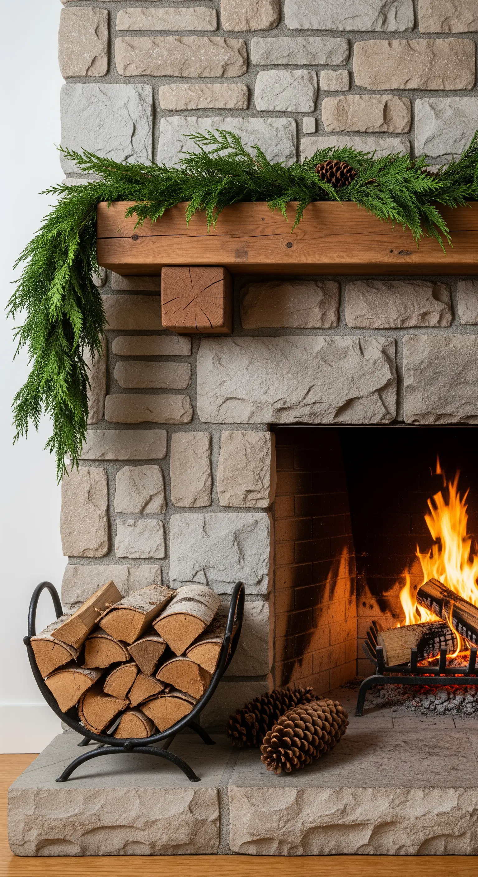 Schlichte Zedern-Girlande auf einem rustikalen Steinkamin neben einem Holzkorb.
