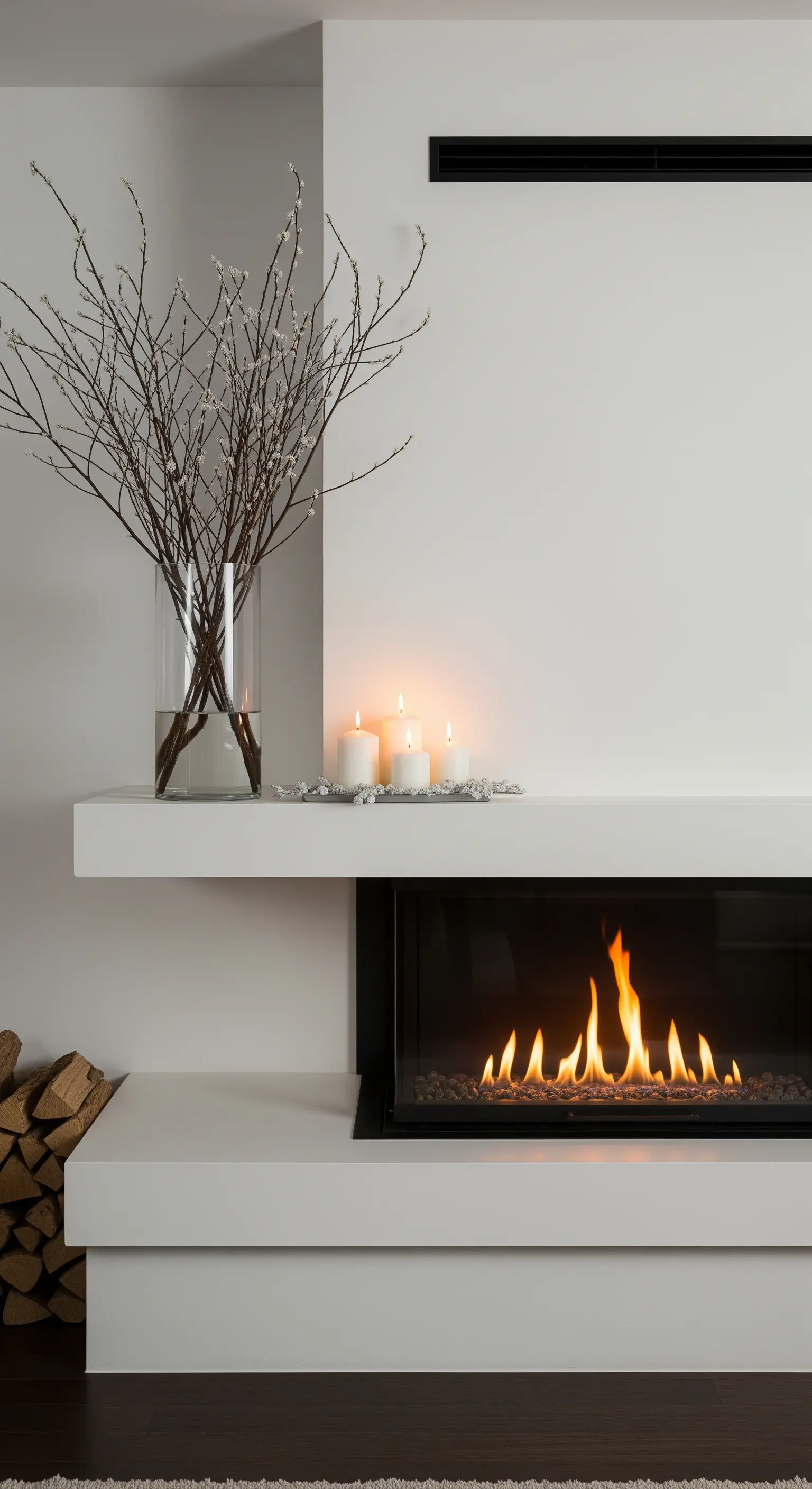 Minimalistischer Kamin mit kahlen Zweigen in einer Vase und weißen Kerzen.