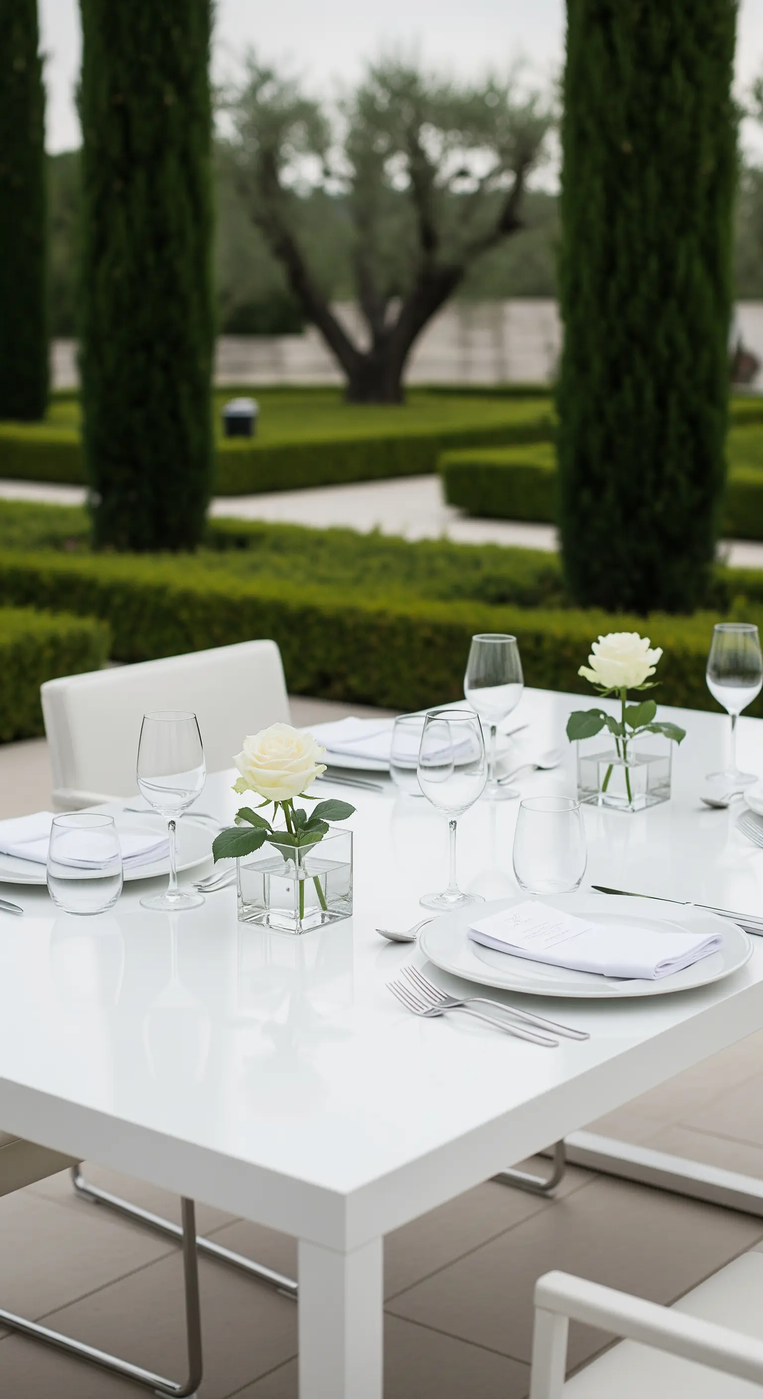 Minimalistische Tischdeko mit einzelnen weißen Rosen in quadratischen Glasvasen.