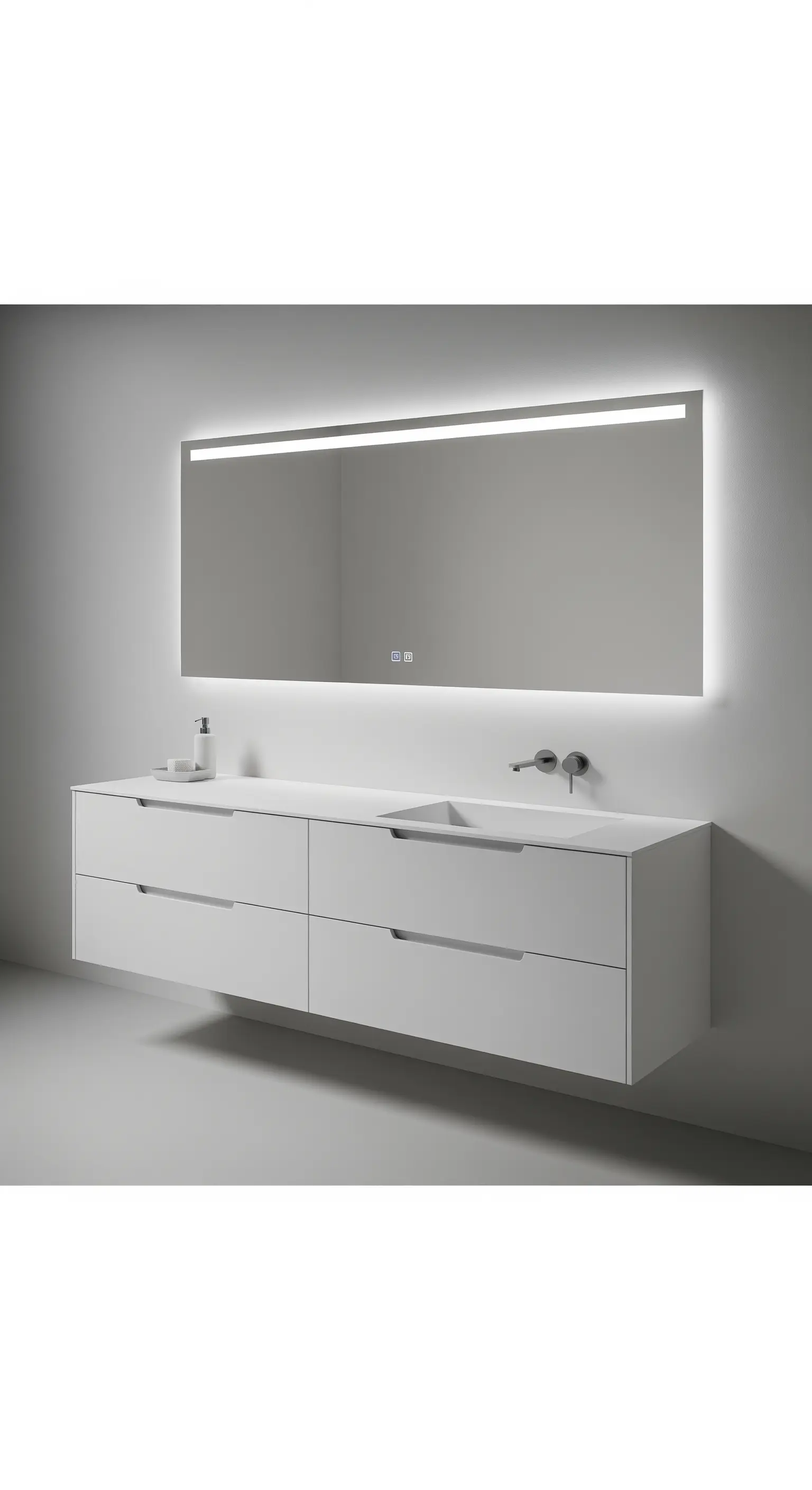 Schwebender weißer Waschtisch mit integriertem Becken und breitem LED-Spiegel.