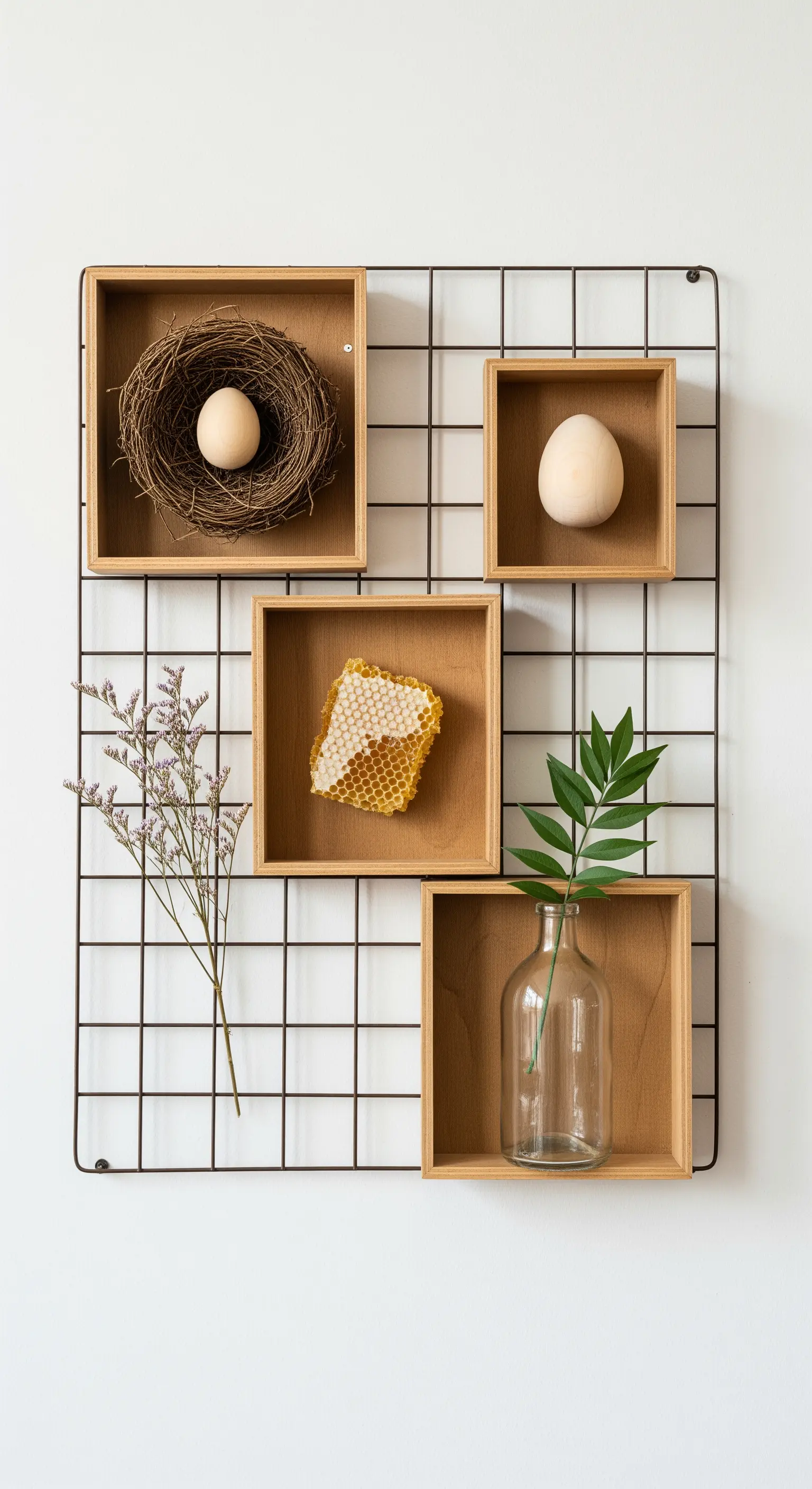 Wandgitter mit quadratischen Holzboxen, gefüllt mit Nest, Bienenwabe und Pflanzen