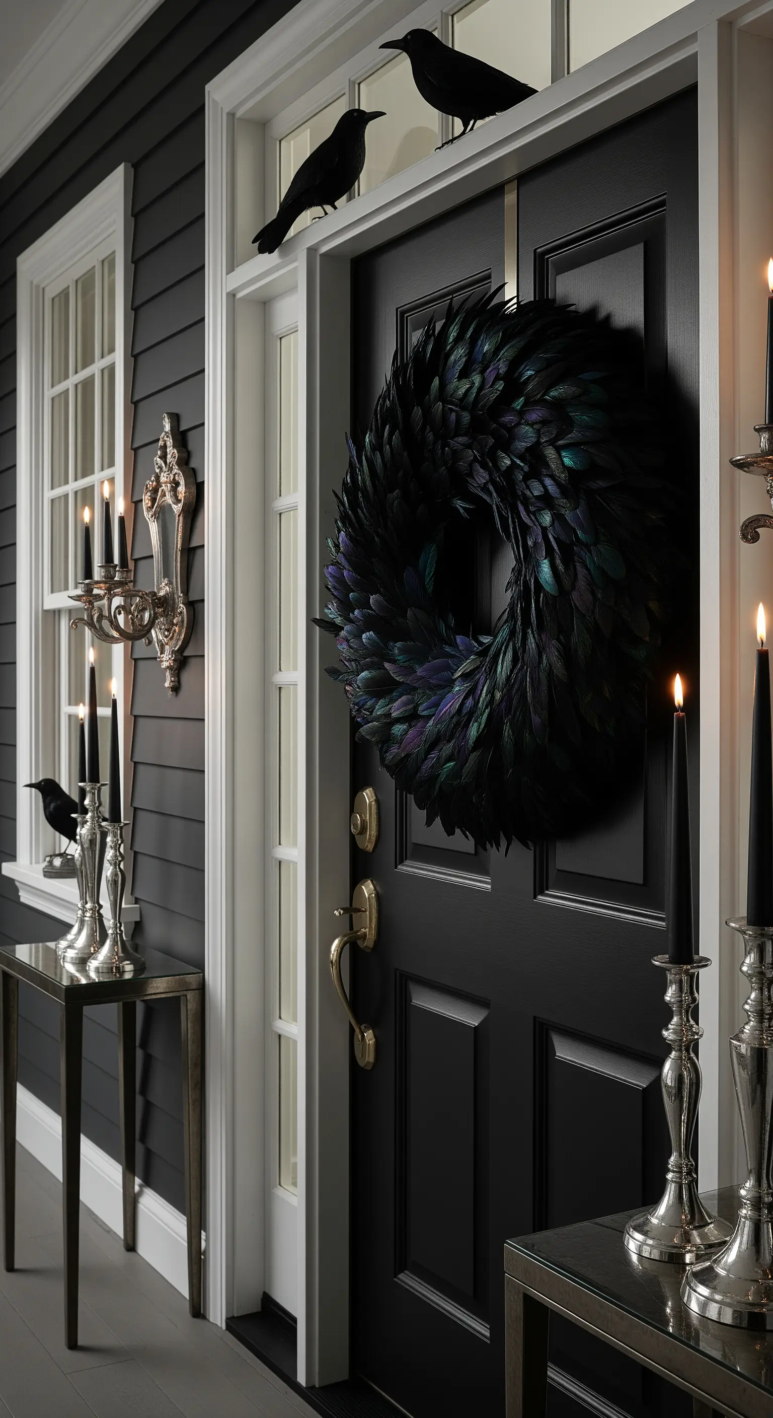 Dunkle Haustür mit Federkranz, Raben-Figuren und schwarzen Kerzen auf silbernen Leuchtern.