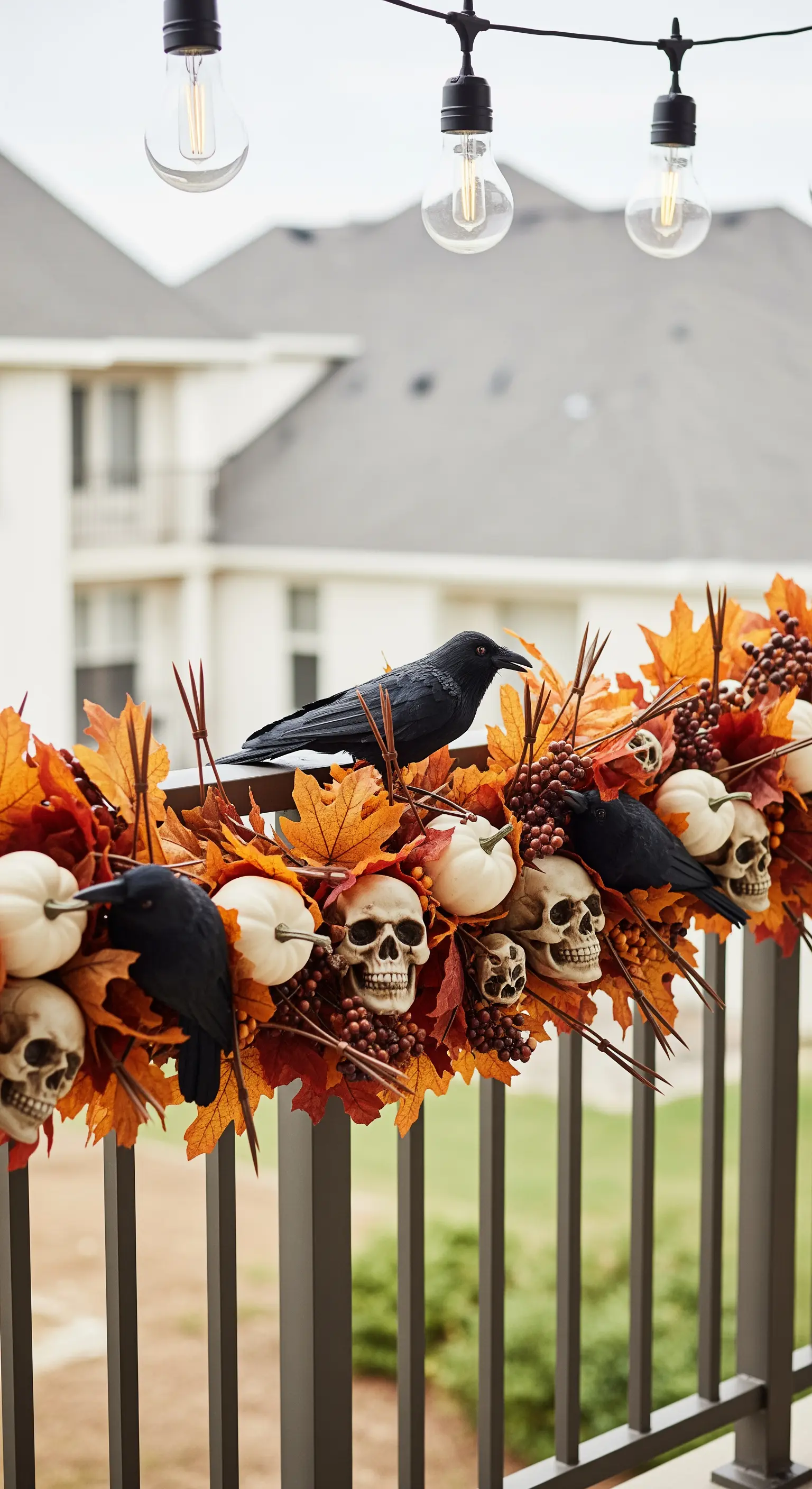 Herbstliche Halloween-Girlande am Balkongeländer mit Raben, Totenköpfen, weißen Kürbissen und Lichterkette.