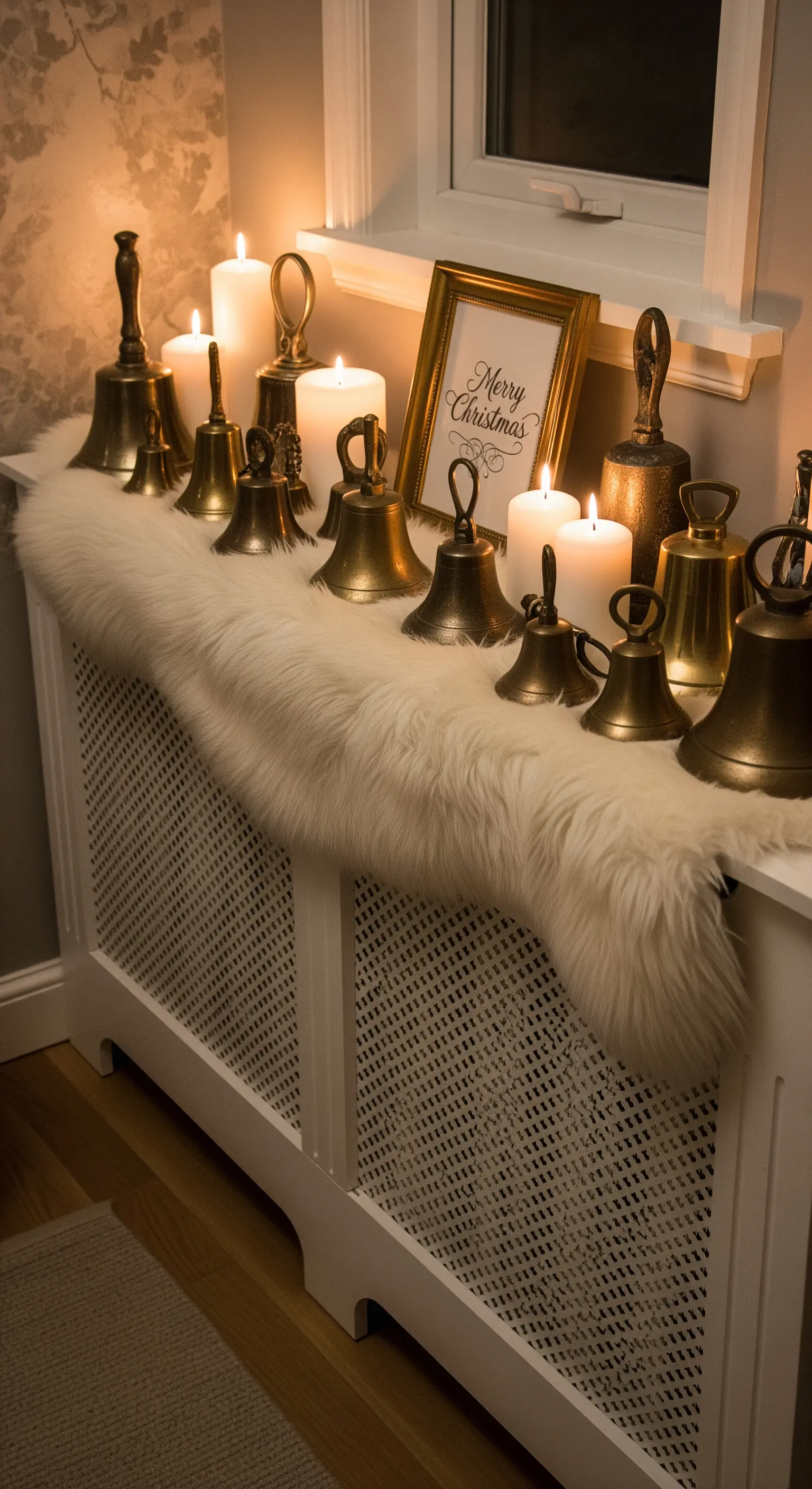 Radiatorverkleidung mit weißem Kunstfell, Kerzen und goldenen Glocken.