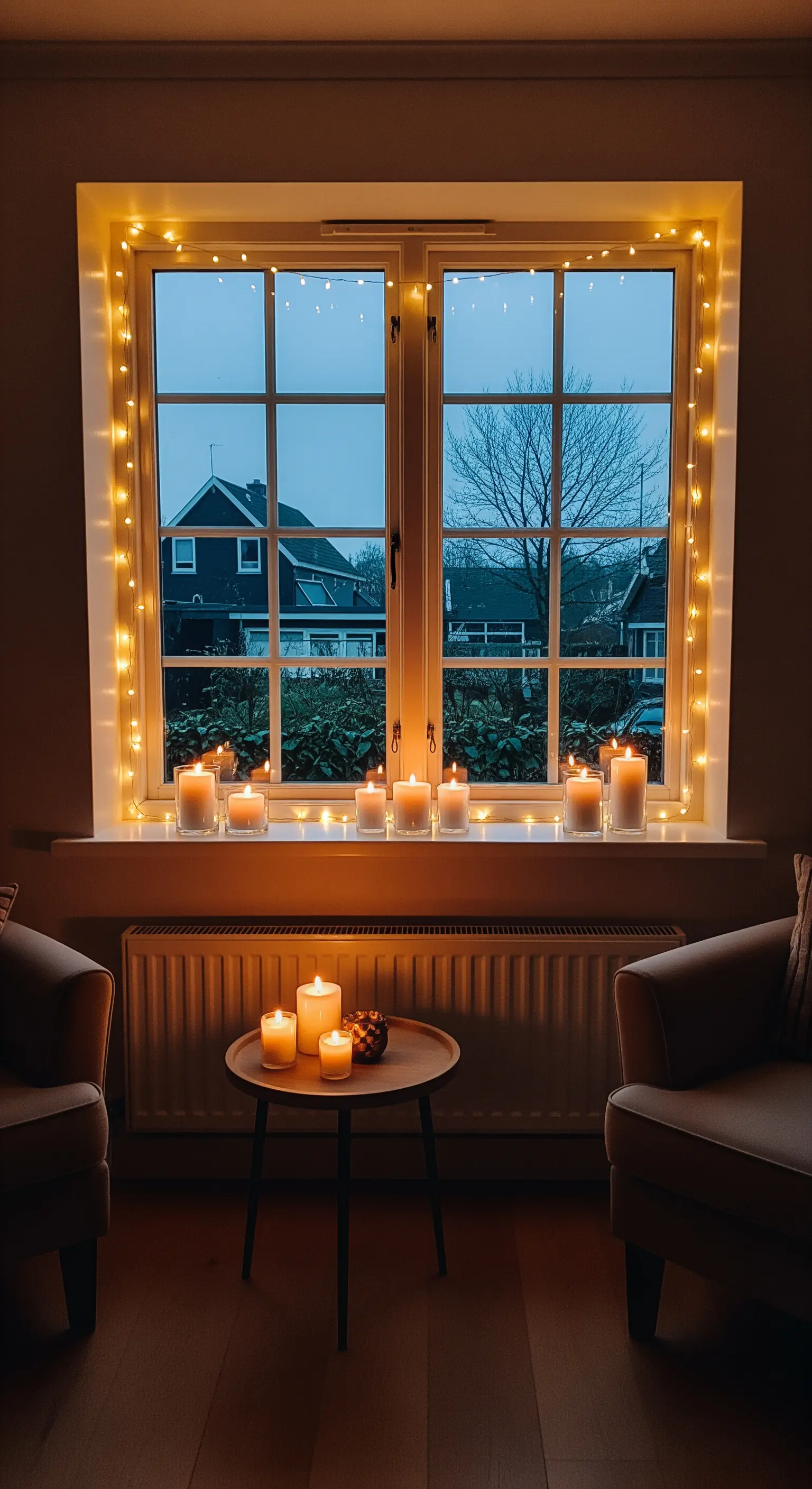 Fenster, das von einer Lichterkette umrahmt wird, mit Kerzen auf der Fensterbank.