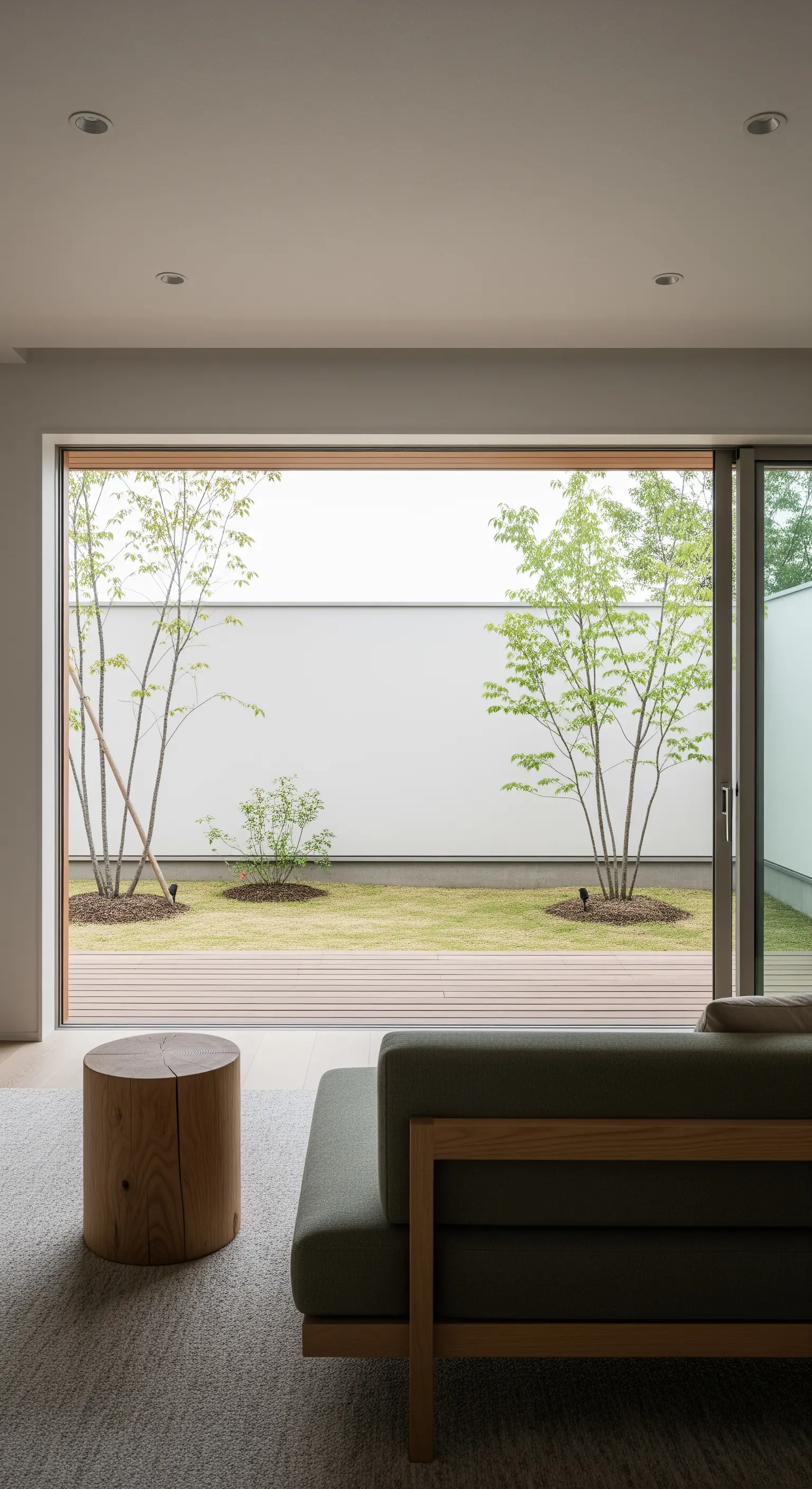 Blick aus einem minimalistischen Wohnzimmer auf einen ruhigen Japandi-Garten