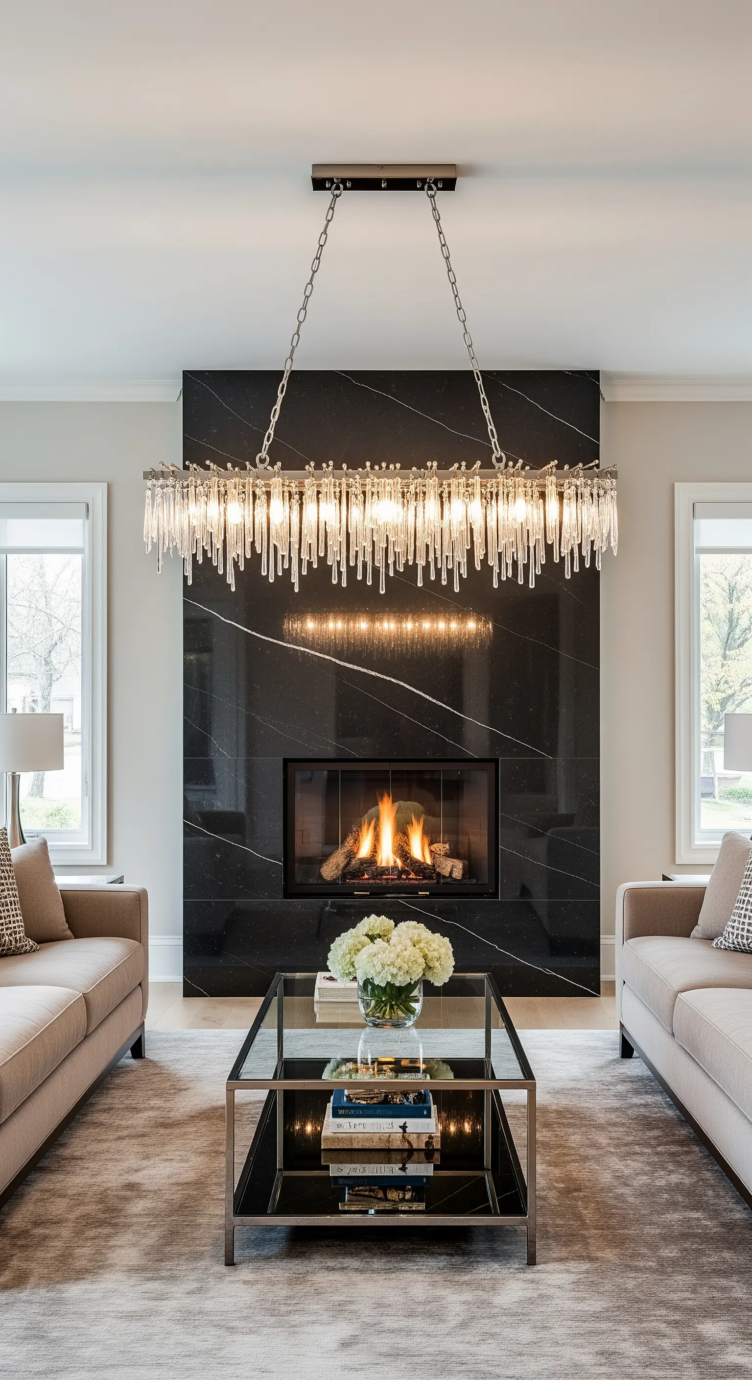 Linearer Kristall-Kronleuchter vor einem Kamin aus schwarzem Marmor in einem symmetrischen Wohnzimmer.