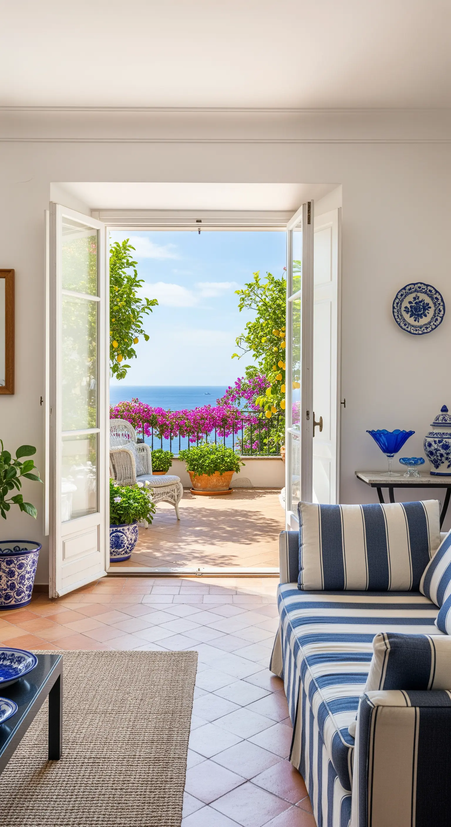 Wohnzimmer mit offenem Balkon und Blick auf die Amalfiküste, blau-weiß gestreiftes Sofa.