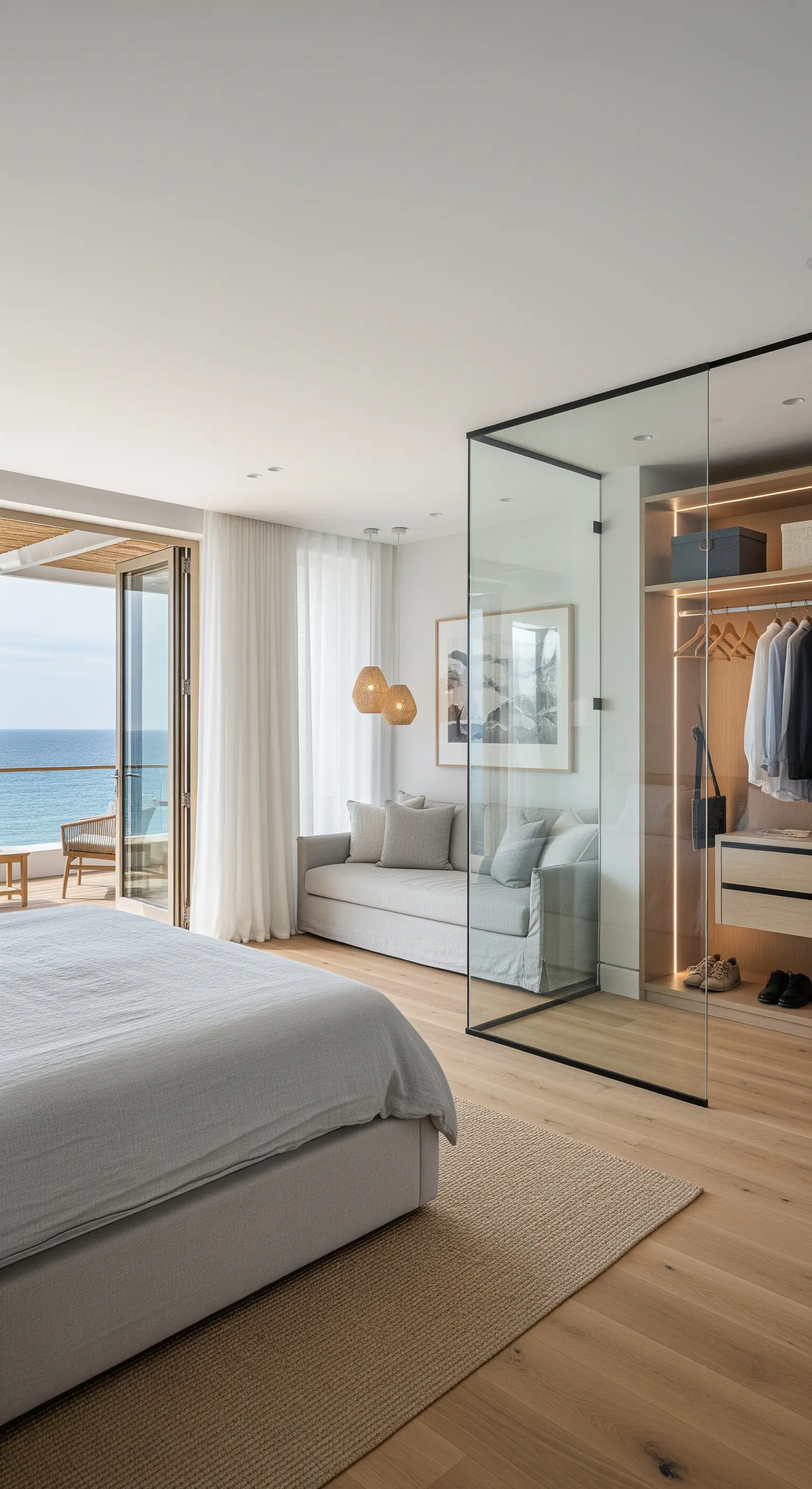 Helles Schlafzimmer mit rahmenloser Glas-Trennwand zum Ankleidebereich und Blick aufs Meer.