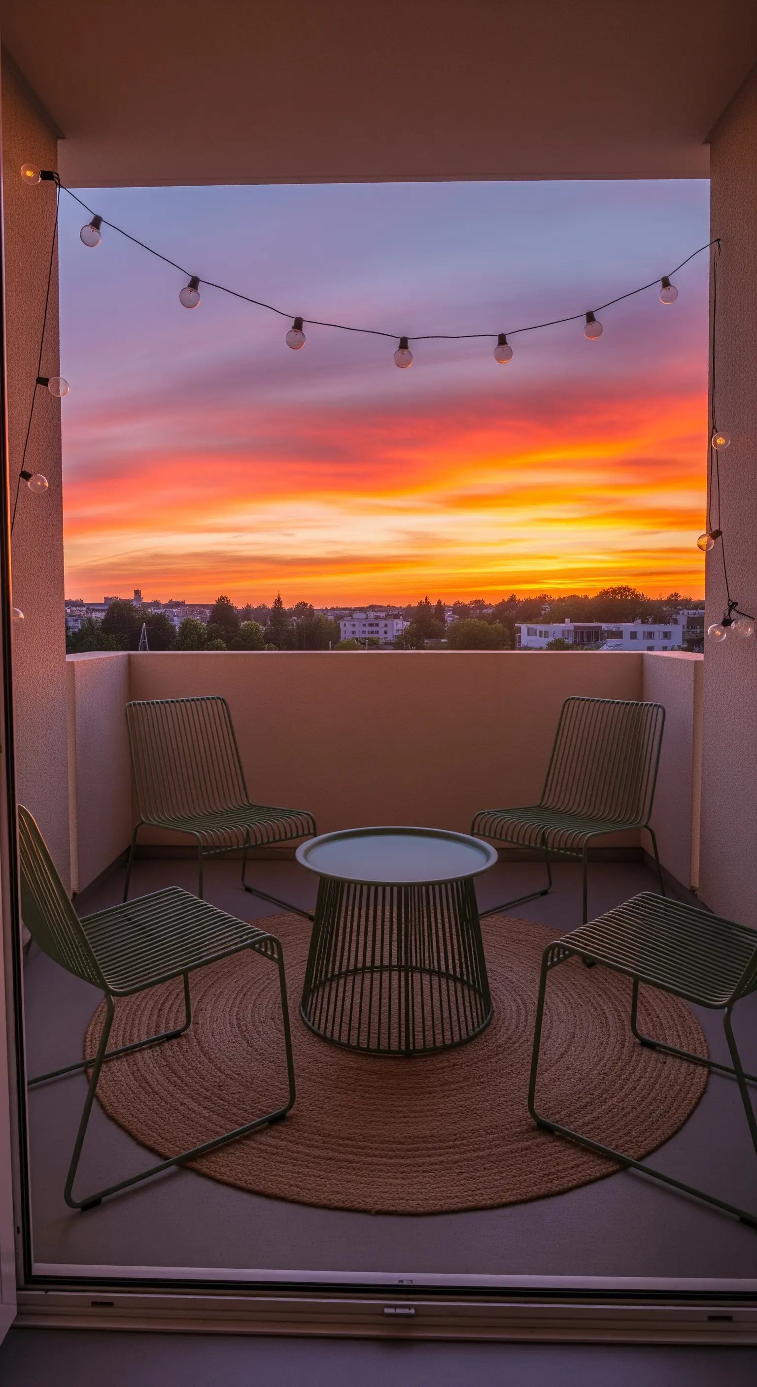 Balkon bei Sonnenuntergang mit Lichterkette und vier grünen Stühlen