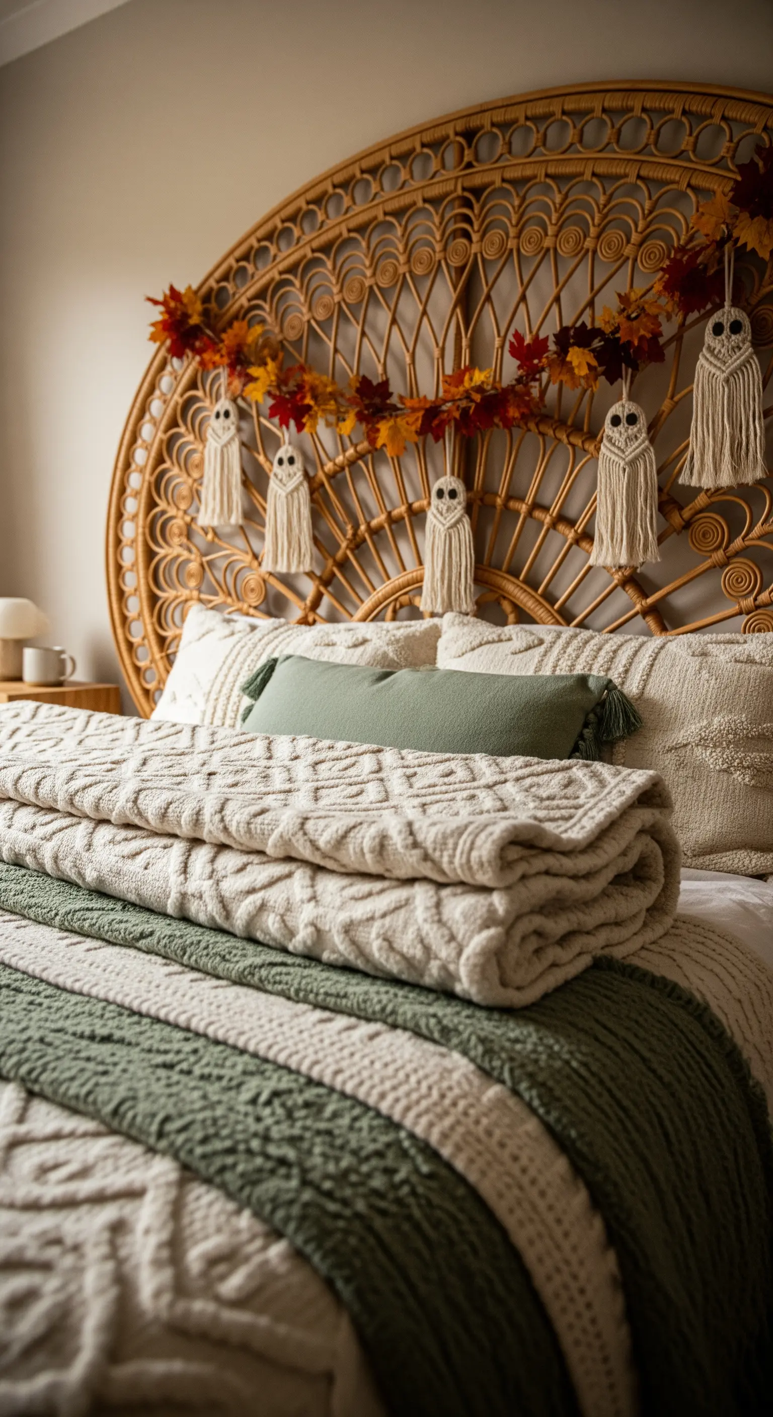 Rattan-Kopfteil mit Herbstgirlande, Makramee-Geistern und Strickdecken