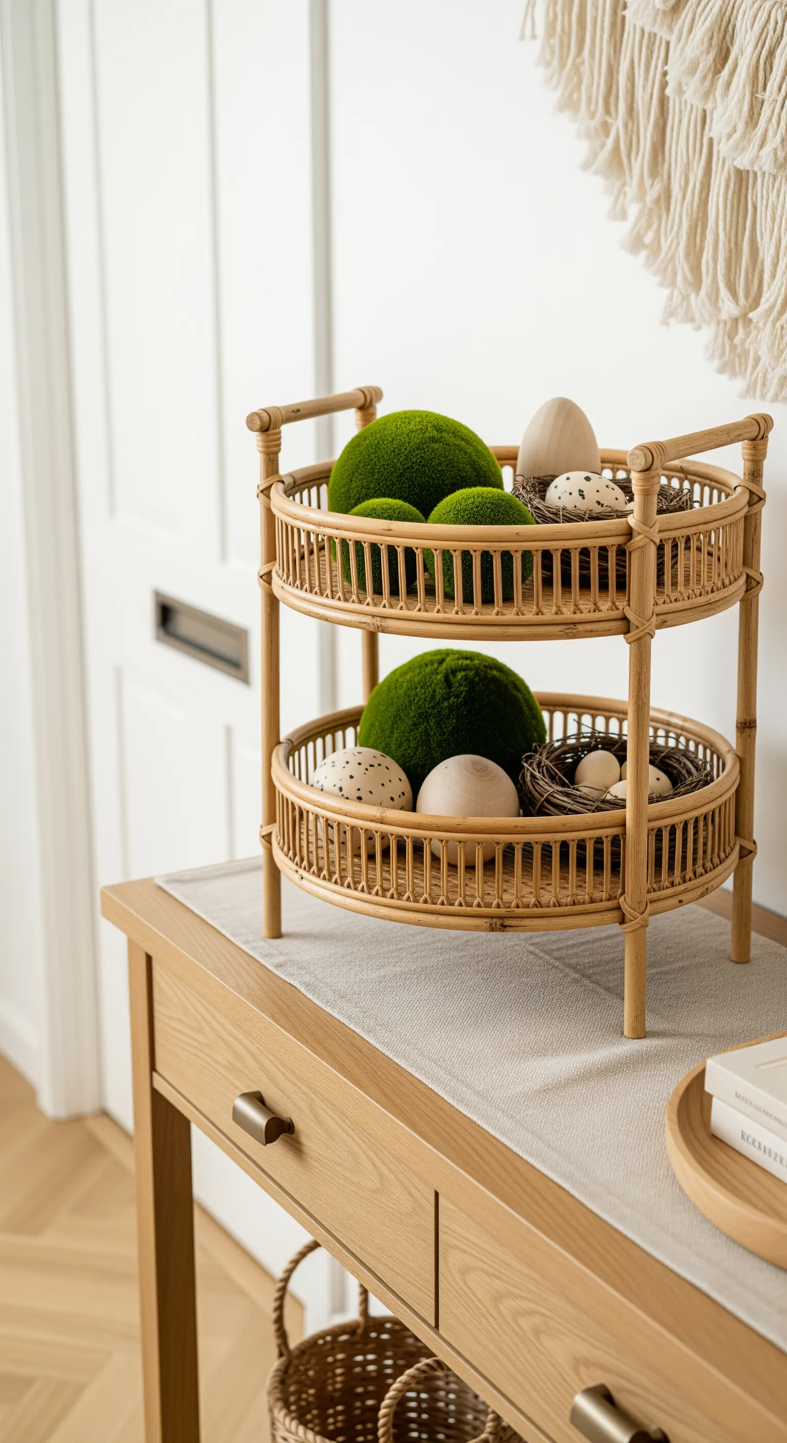 Rattan-Etagere mit Mooskugeln und Holzeiern