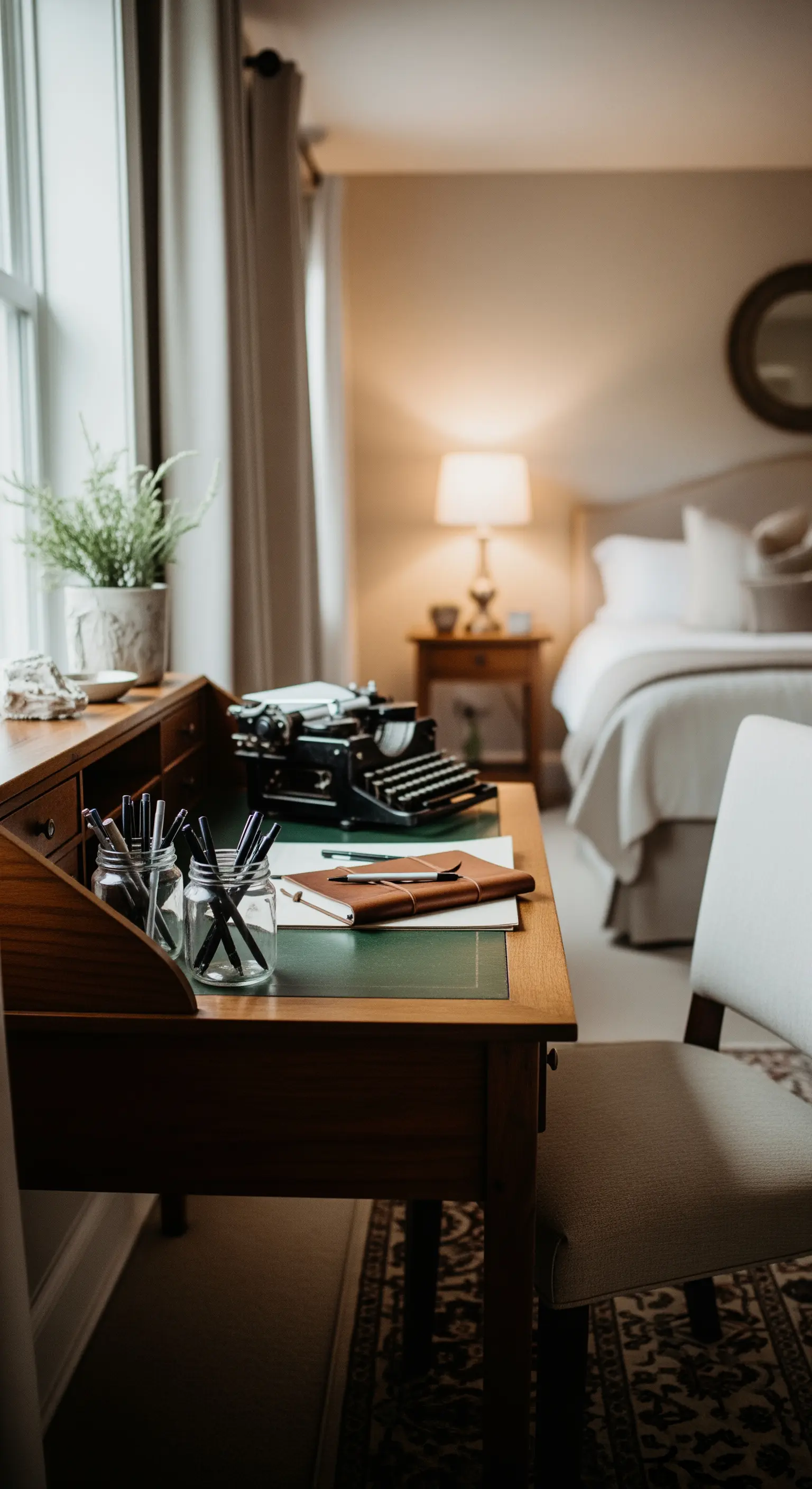 Nahaufnahme eines hölzernen Schreibtisches mit einer alten Schreibmaschine und Schreibutensilien