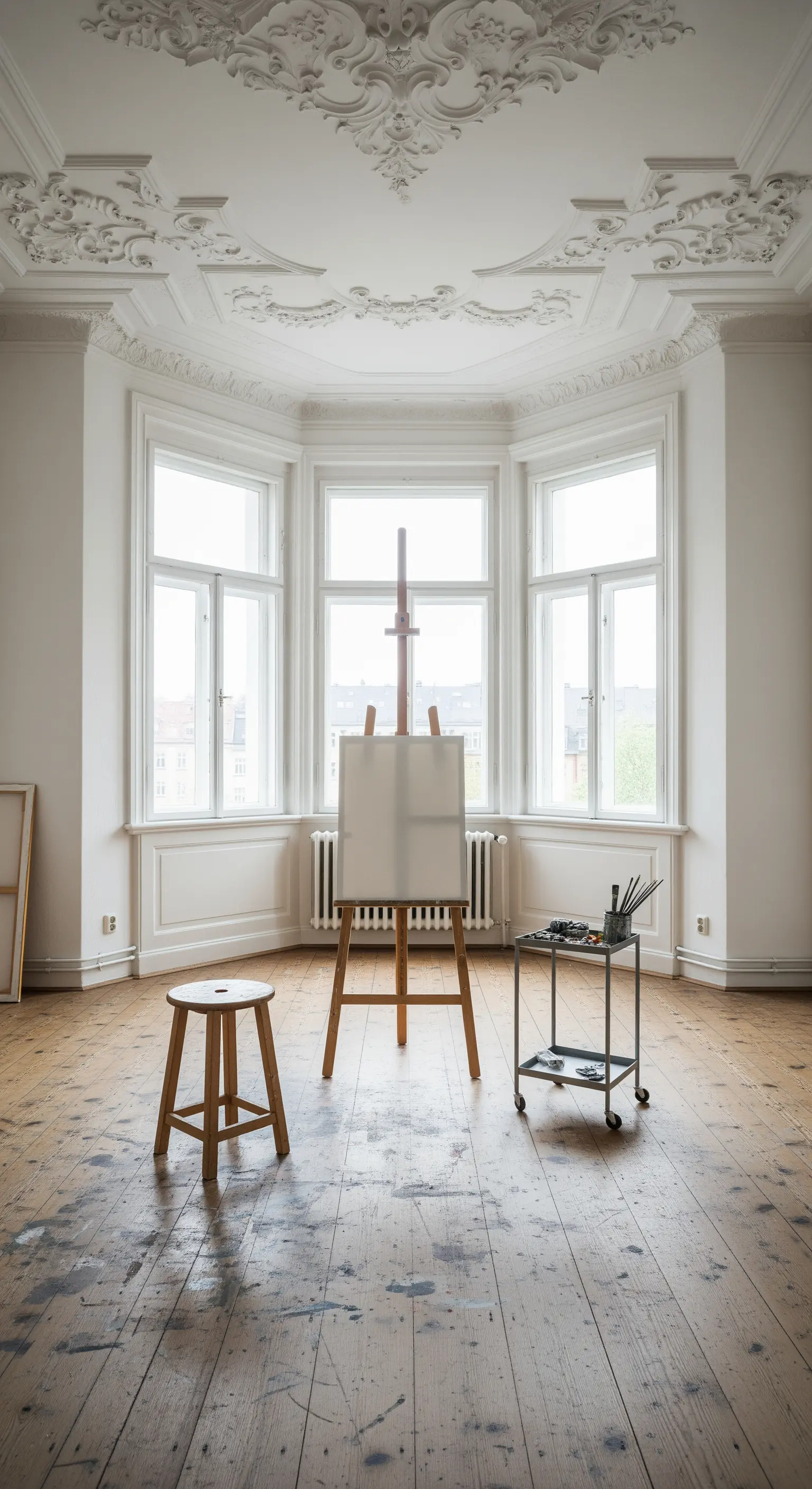 Ein heller Altbauraum mit Stuck und Erkerfenster, der als Künstleratelier genutzt wird.