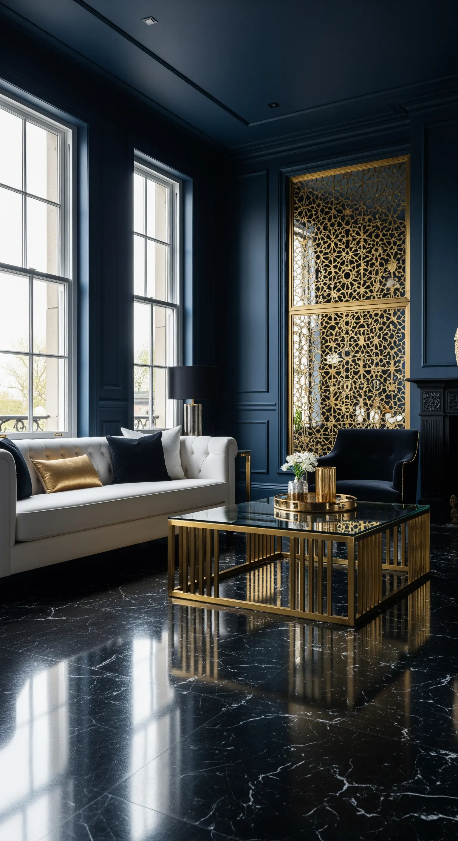 Großer, goldener Paravent als Kunstwerk an einer dunkelblauen Wand.