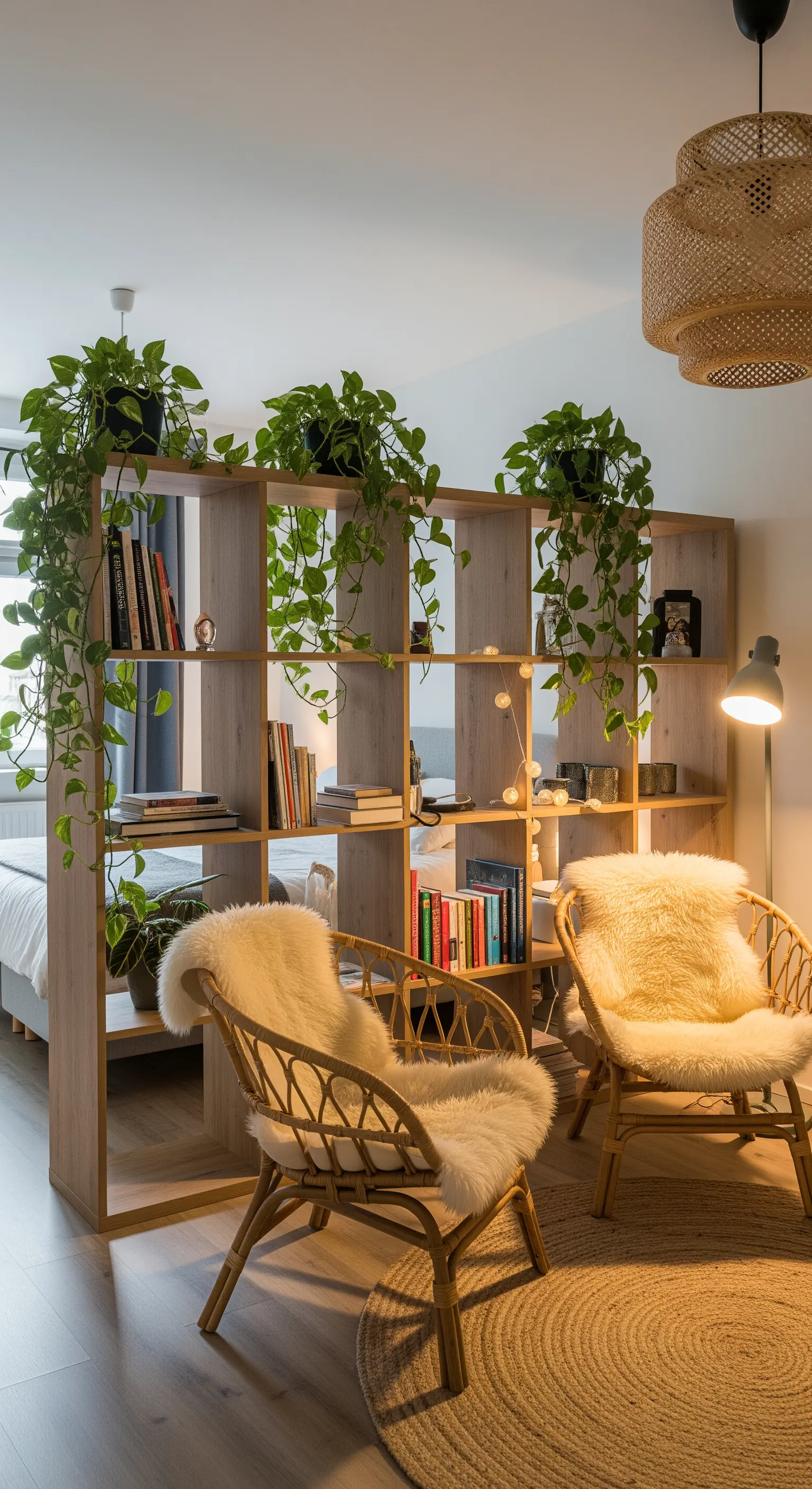 Raumtrenner-Regal mit vielen Pflanzen, davor zwei Rattansessel mit Fellen und Stehlampe