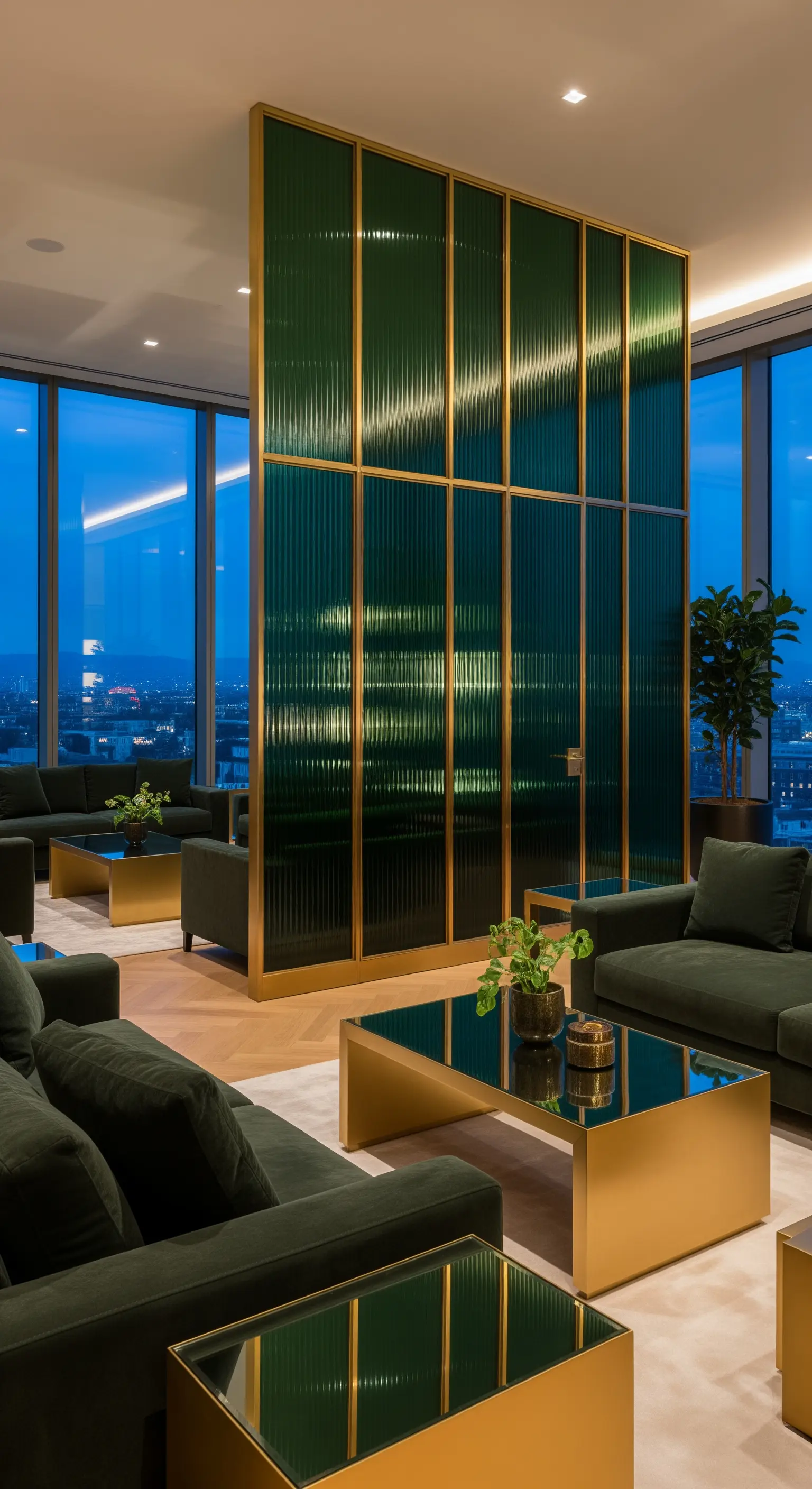 Geriffelter Glas-Raumteiler mit Messingrahmen, grüne Samtsofas, Messingtische