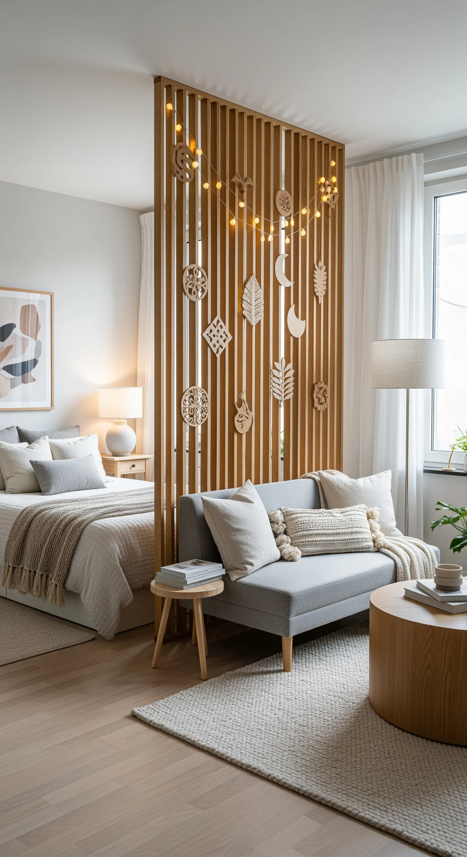 Studio-Apartment mit Holzlamellen-Raumteiler, Lichterkette und Holzornamenten.