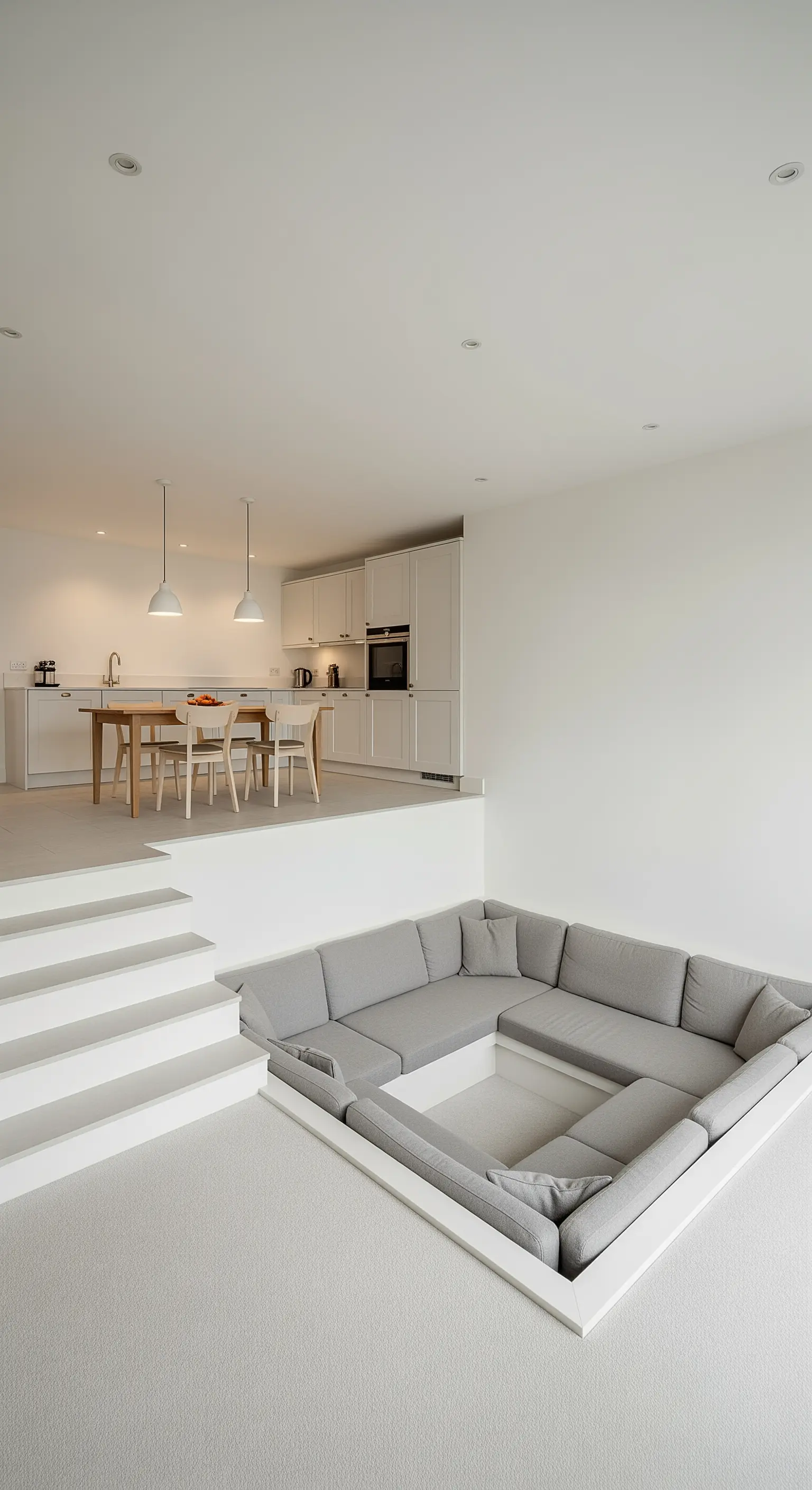 Offener Wohnraum mit erhöhter Küche und abgesenktem Loungebereich.