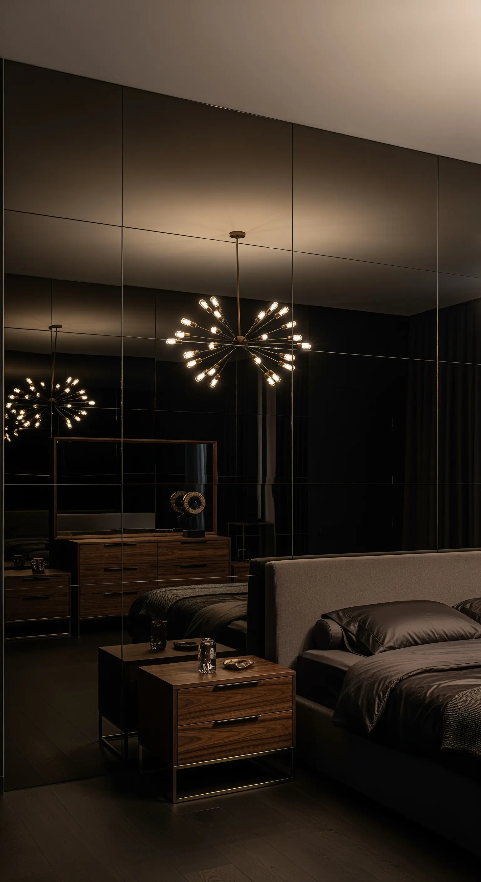 Schlafzimmer mit einer großen Spiegelwand, die den Raum und eine Design-Leuchte reflektiert.