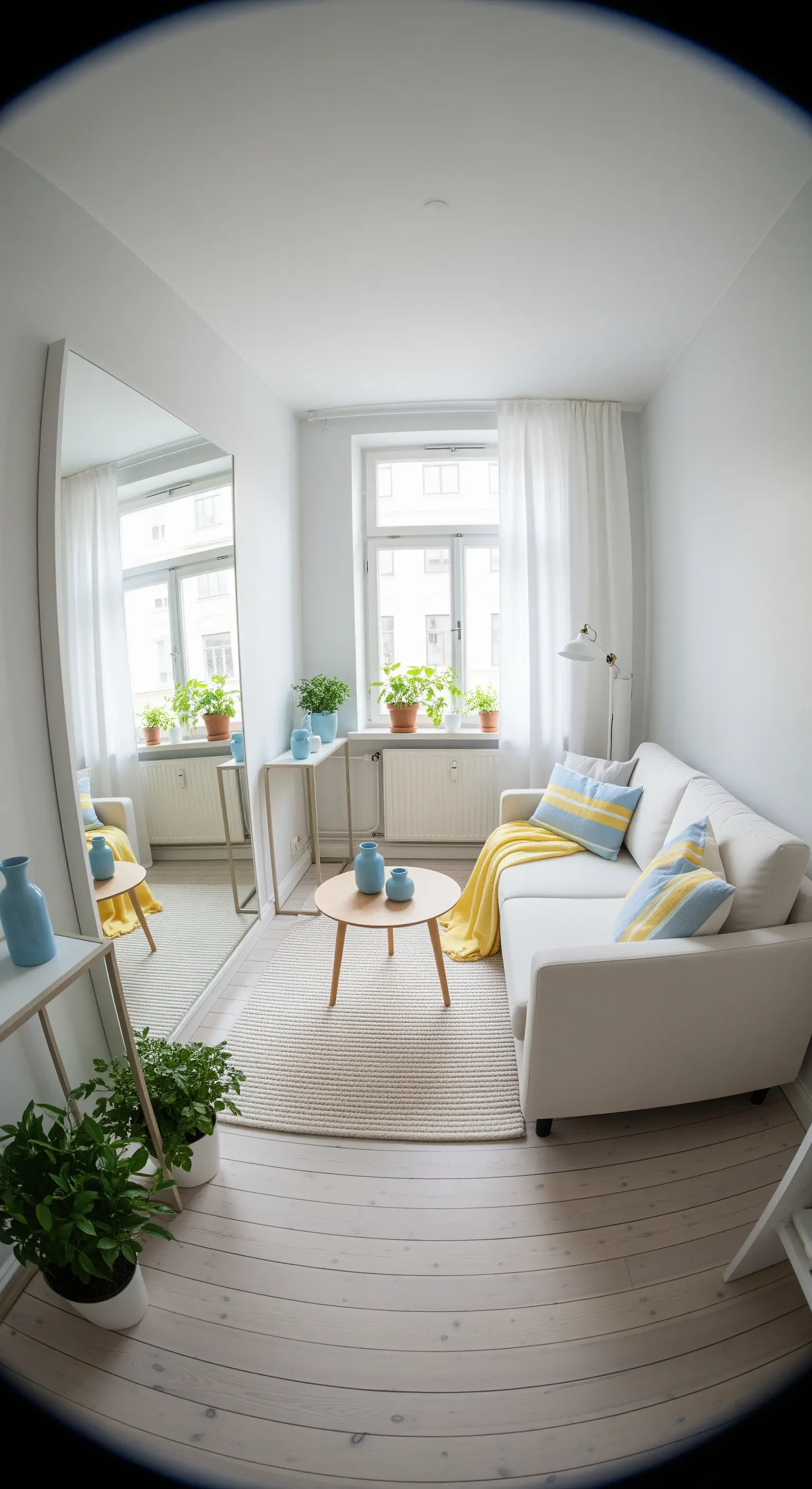 Kleines Wohnzimmer mit großem Spiegel, weißem Sofa, pastellfarbenen Kissen, Pflanzen