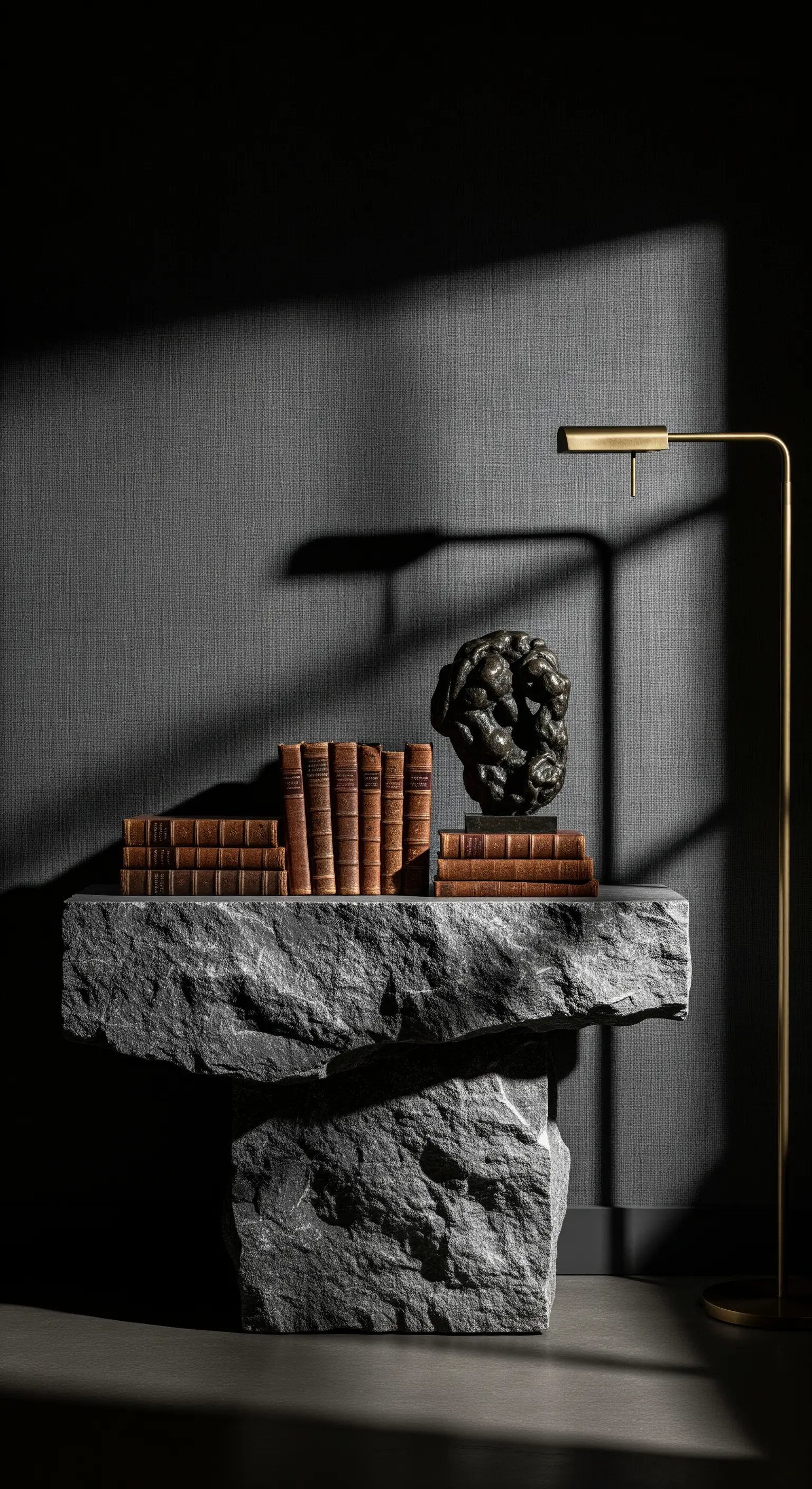 Grob behauene Steinkonsole mit Vintage-Büchern und Skulptur vor dunkler Wand