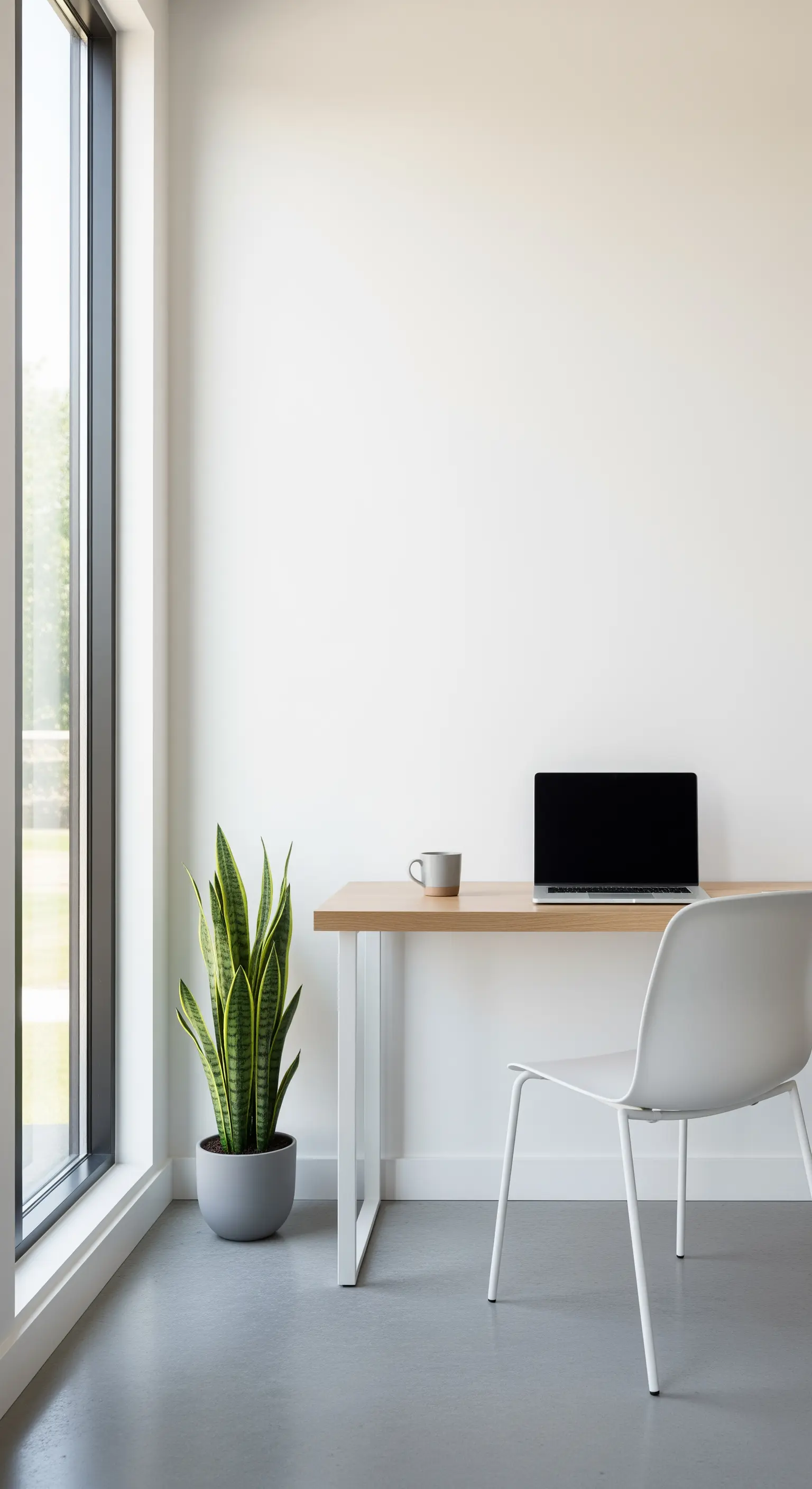 Minimalistischer Schreibtisch aus hellem Holz an einem großen Fenster mit einer einzelnen Pflanze.